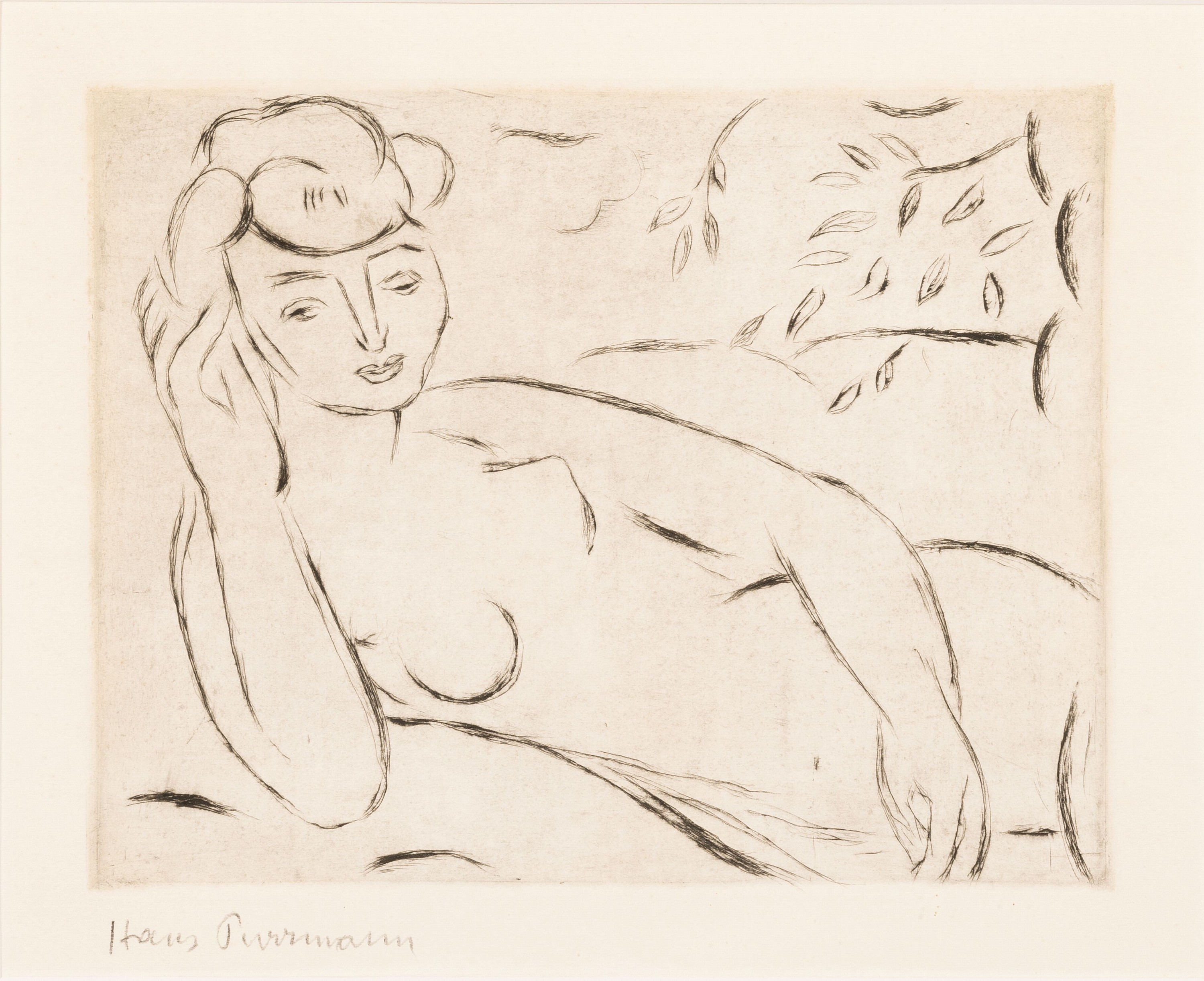 Hans Purrmann, 1880-1966, "Liegende 1956/57, Radierung, re. u. handsigniert, ca. 19 x 24 cm, unter Glas, Rahmen, ca. 42 x 51 cm