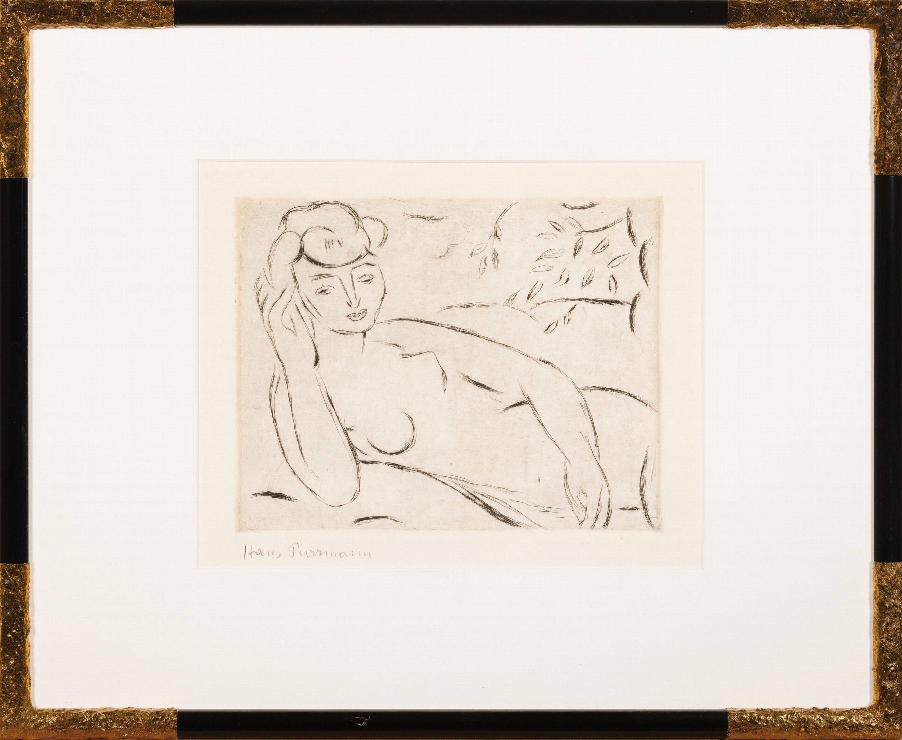Detail k: Hans Purrmann, 1880-1966, "Liegende 1956/57, Radierung, re. u. handsigniert, ca. 19 x 24 cm, unter Glas, Rahmen, ca. 42 x 51 cm