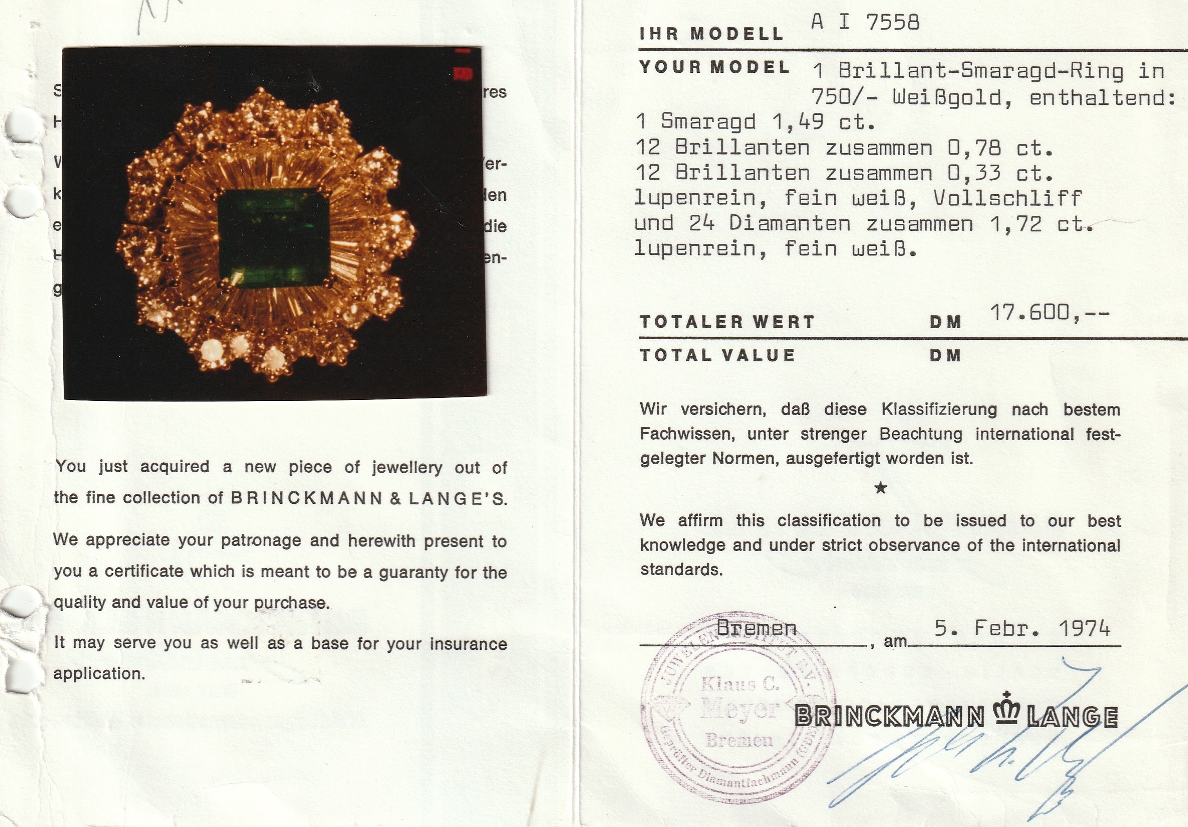 Detail a: 18 kt Gold Smaragd-Diamant-Ring, WG 750/000, Aufbau in mehreren Ebenen, mittig erhaben gefasster Smaragd ca. 1.49 ct, umgebenvon 24 Diamanttrapezen ...