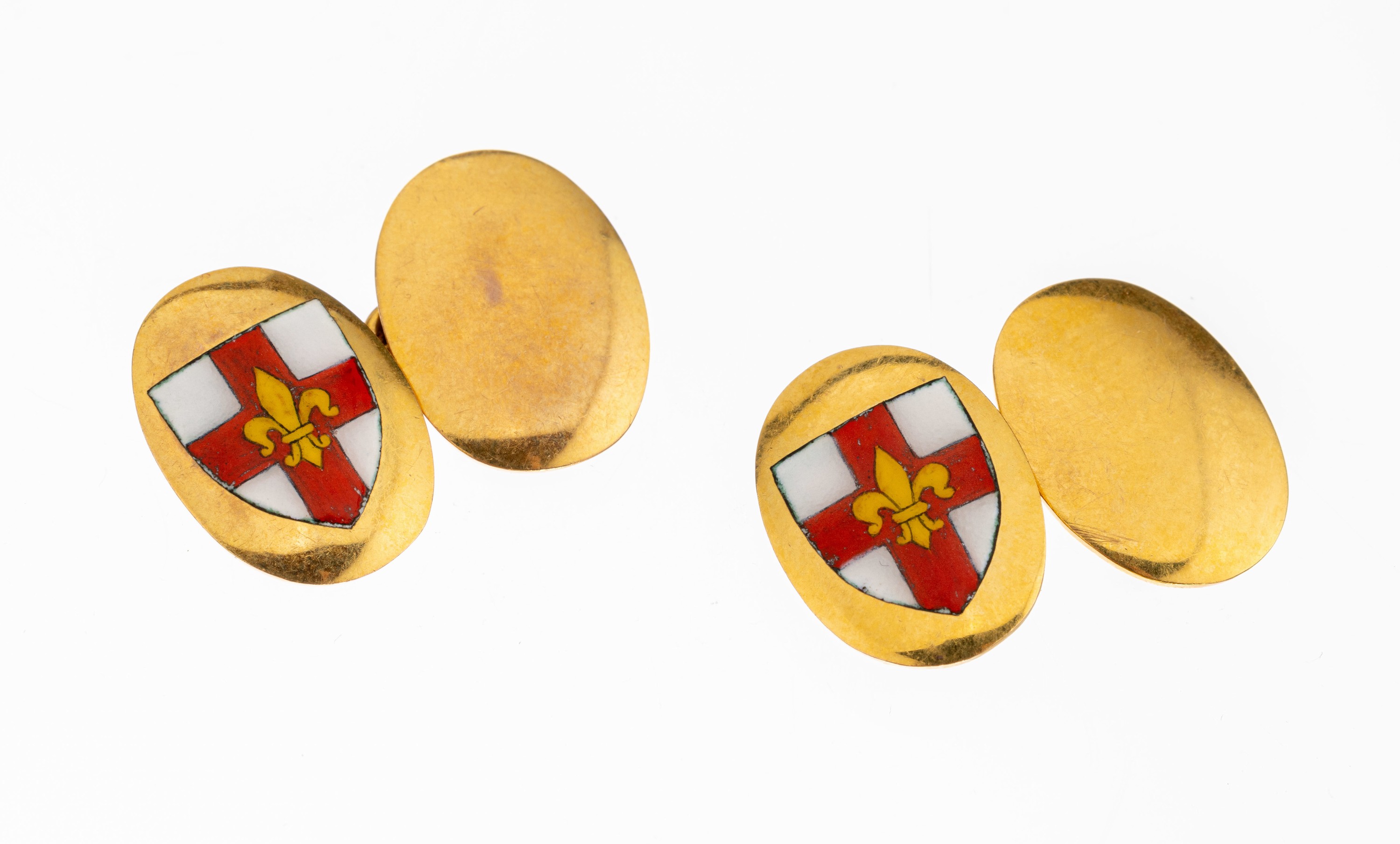 Paar 9 kt Gold Manschettenknöpfe, GG 375/000, England, Birmingham, 1 Seite mit emaill., Wappen, Meistermarke D&F, ca. 1.8 x 1.2 cm, ca. 7 g