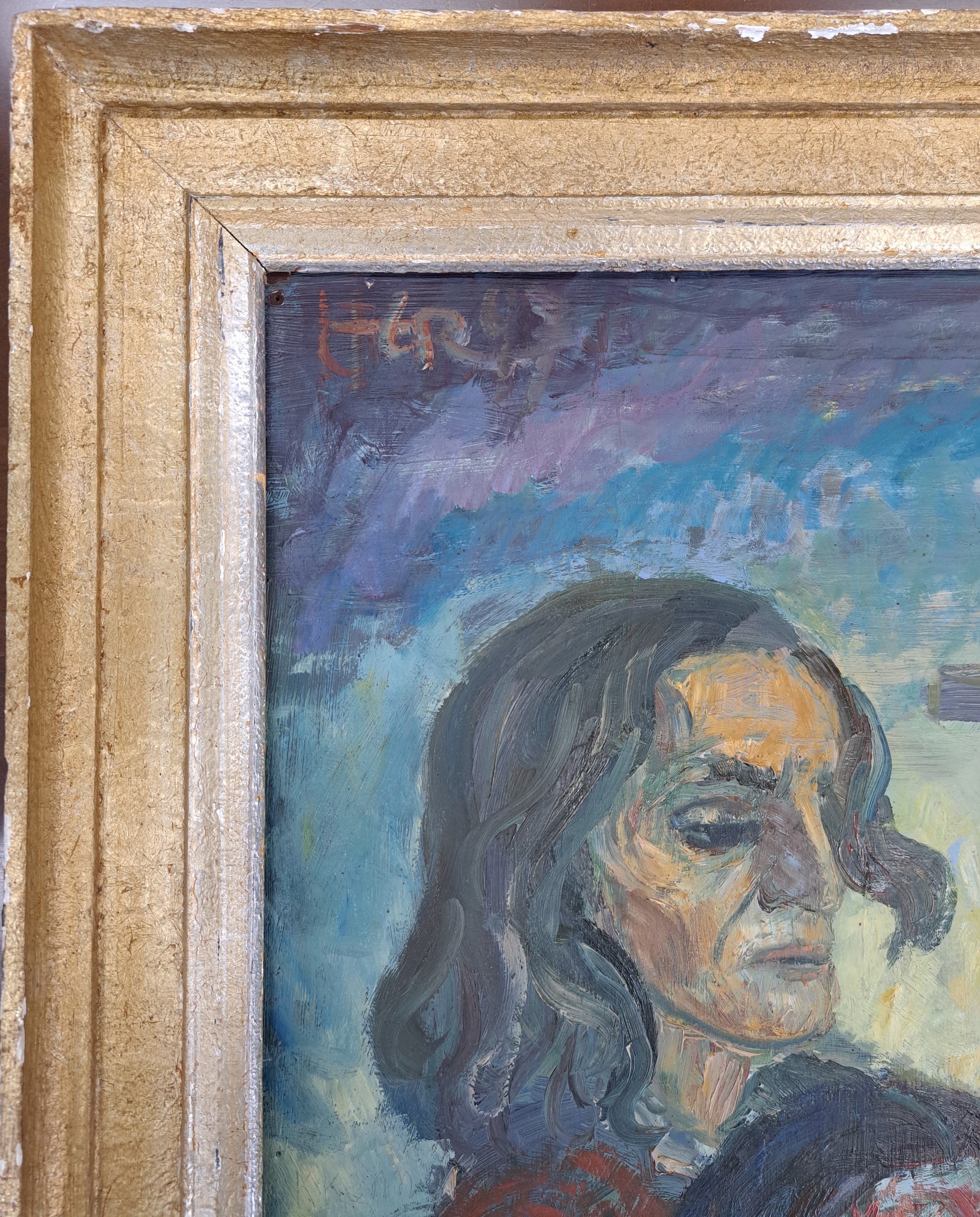 Detail a: Unbekannter Expressionist, dat. 43?, Kreuzabnahme, ausdrucksstarke Darstellung, li. oben monogrammiert: LFbR und dat. 43 oder 47 ?, Öl/Karton, ca. ...