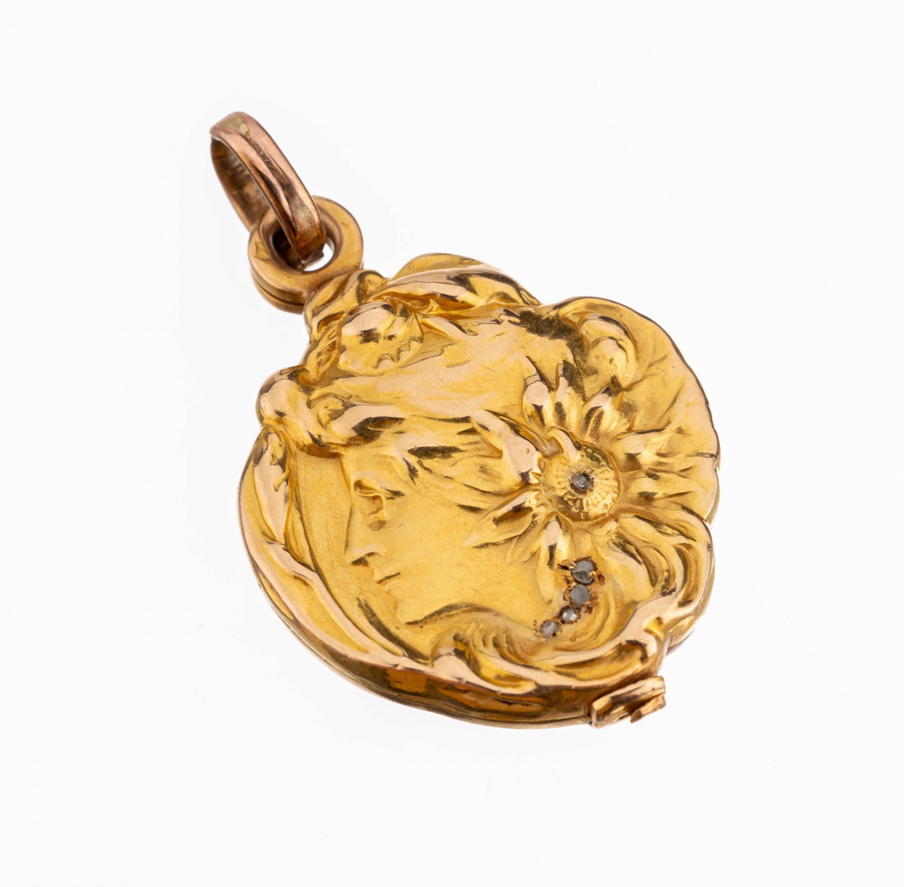 14 kt Gold Jugendstil-Medaillonanhänger, RG 585/000 gepr., nachträglich vergoldet, Darstellung einer jungen Dame im Profil mit geschwungenen ...