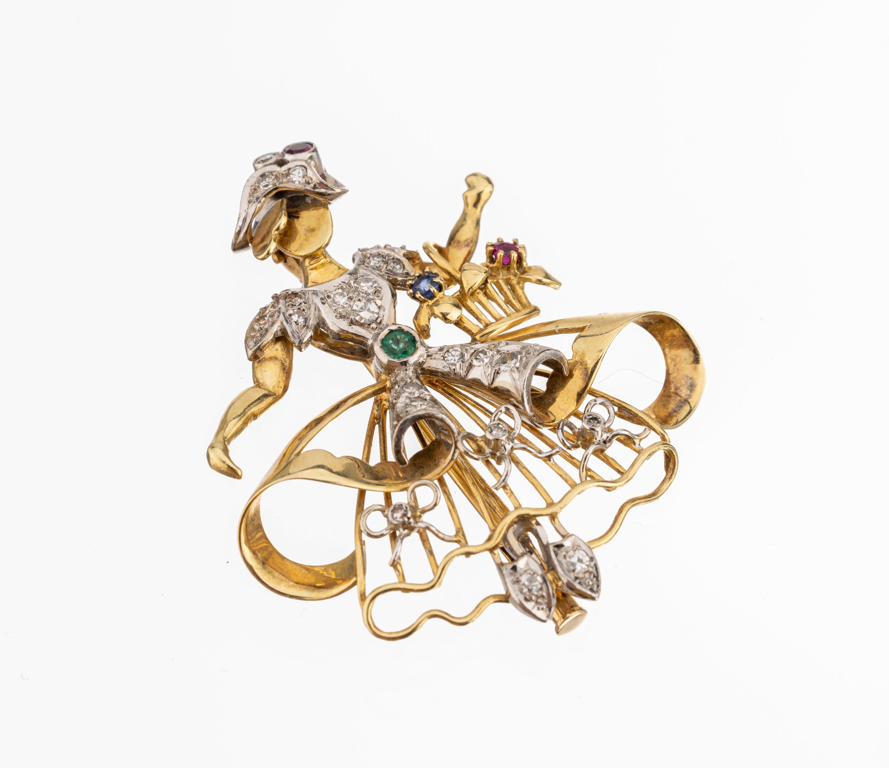 14 kt Gold Diamant-Farbstein-Brosche "Tänzerin", GG/WG 585/000, 1950er Jahre, Darstellung einer Tänzerin mit wehendem Kleid und ...