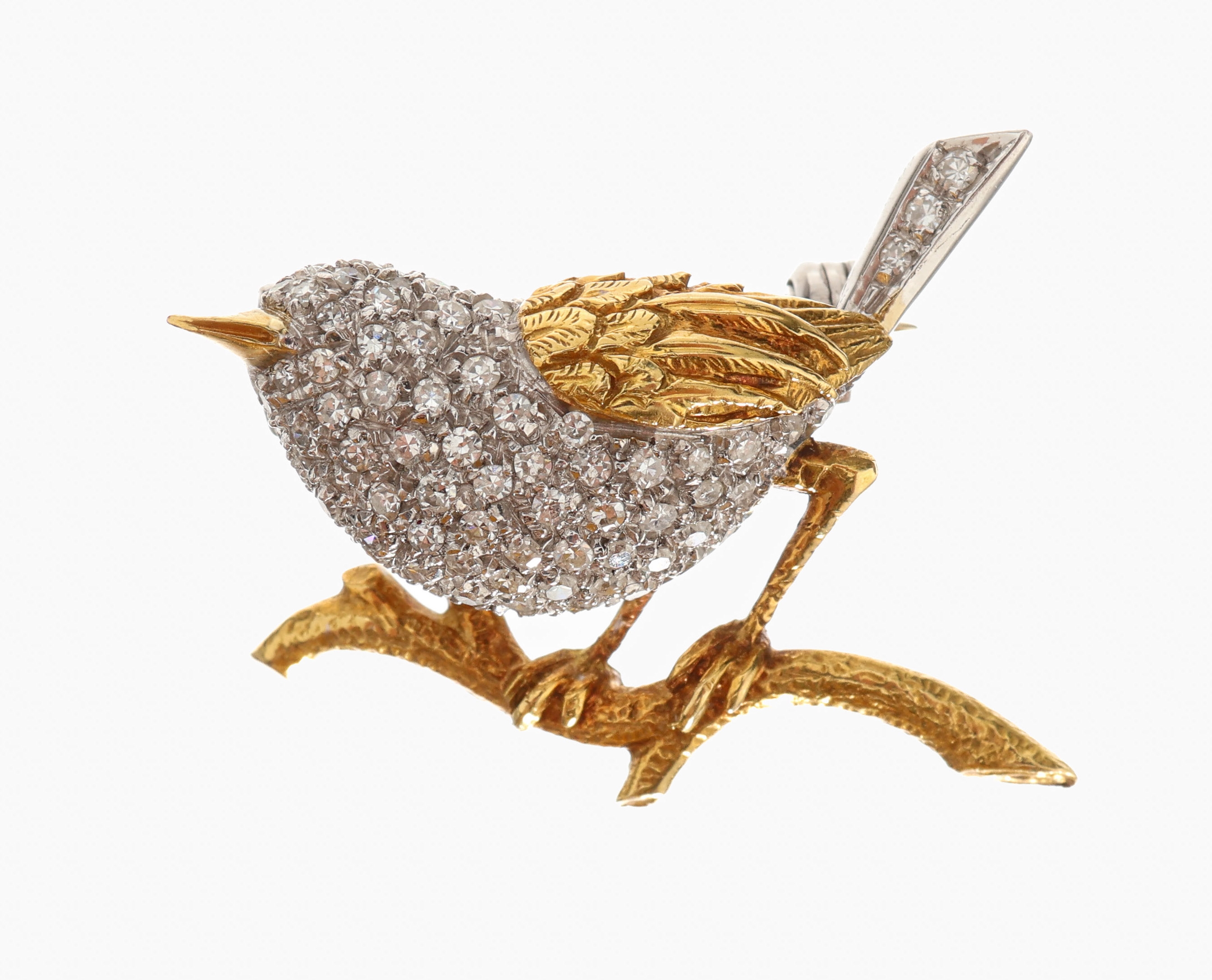 18 kt Gold Diamant-Brosche "Vogel", GG/WG 750/000, Darstellung eines Vogels auf Ast, ausgefasst mit 8/8-Diamanten zus. ca. 0.70 ct ...