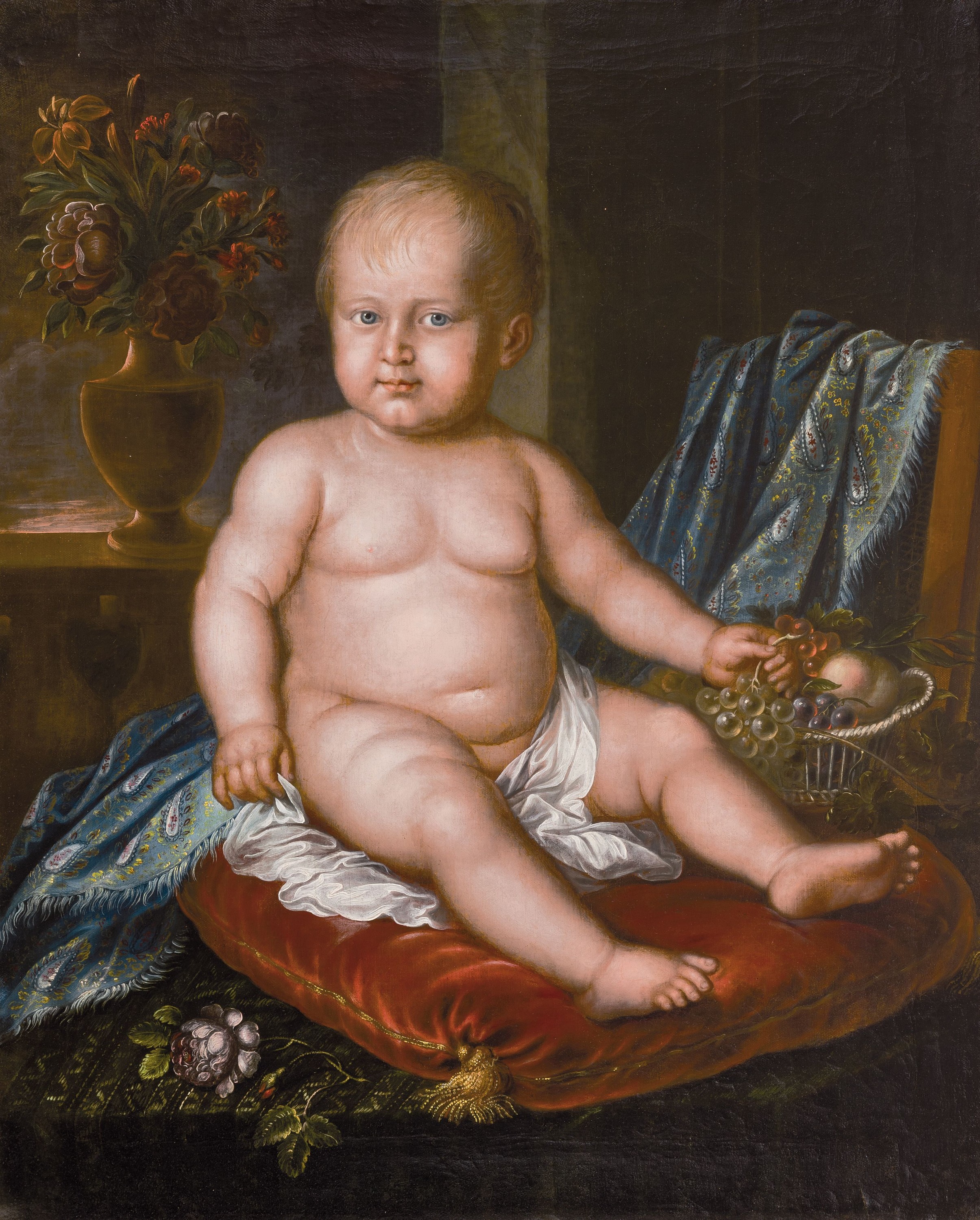 Adam Schlesinger, 1759 Ebertsheim-1829 Grünstadt, Stillleben mit Kleinkind, diese sitzend auf einem Samtkissen mit Früchtekorb und Gobelin, ...
