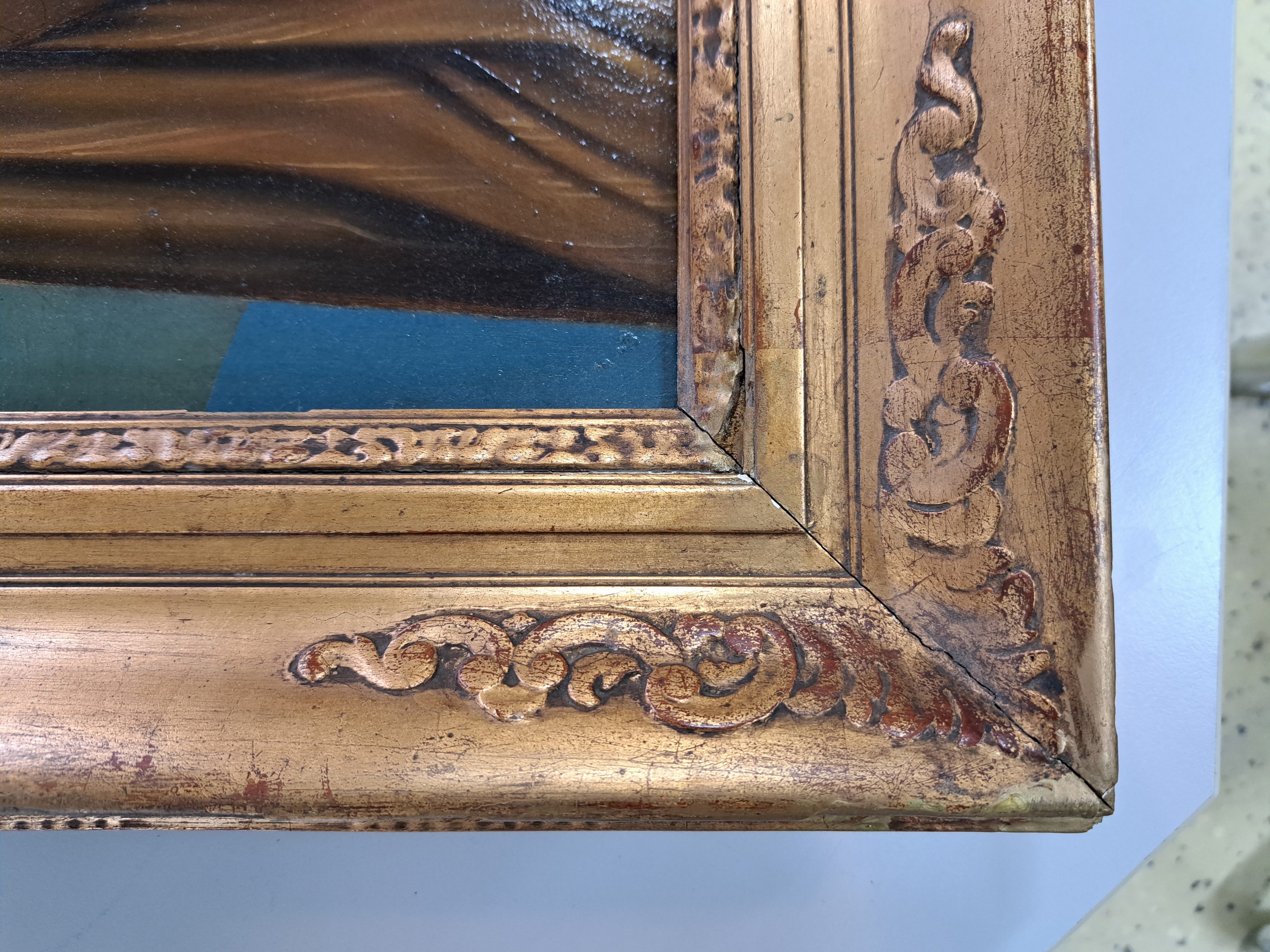 Detail f: Unbekannter Maler, um 1900, Porträt der Hl. Cäcilia, Öl/Holz, einige kleinere Retuschen, ca. 65 x 50 cm, Rahmen