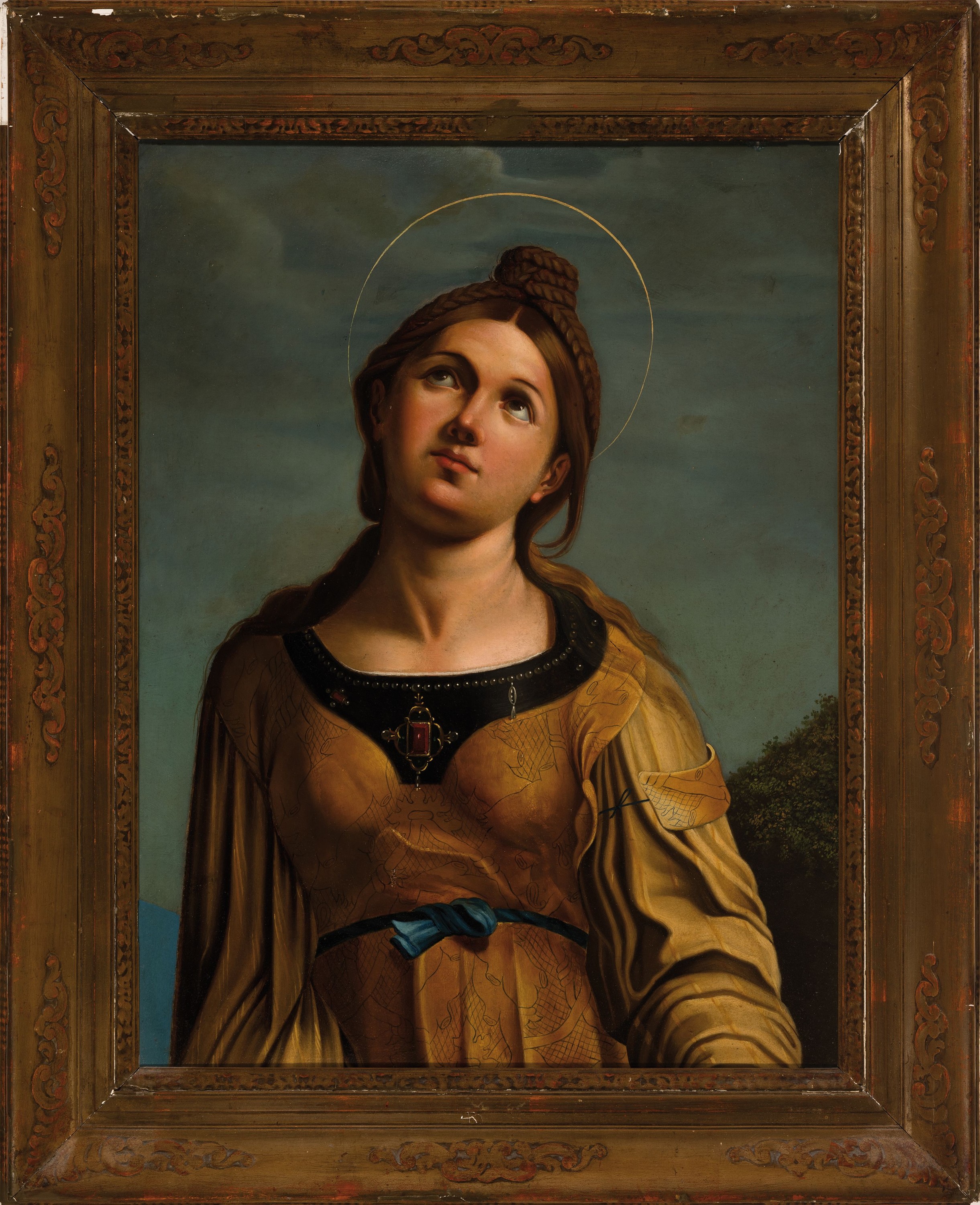 Detail k: Unbekannter Maler, um 1900, Porträt der Hl. Cäcilia, Öl/Holz, einige kleinere Retuschen, ca. 65 x 50 cm, Rahmen