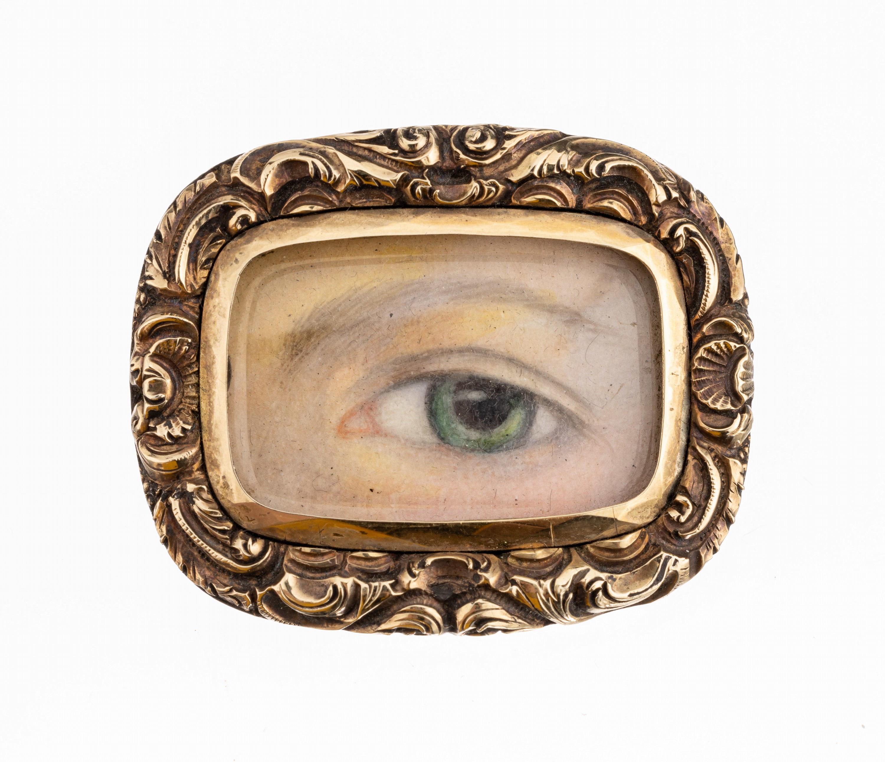 9 kt Gold Miniaturmalerei-Brosche, um 1900, GG 375/000 gepr., mittig Malerei, Darstellung eines Auges, Rahmung mit Rocaillen, ca. 3.5 x 2.8 cm, ca. ...