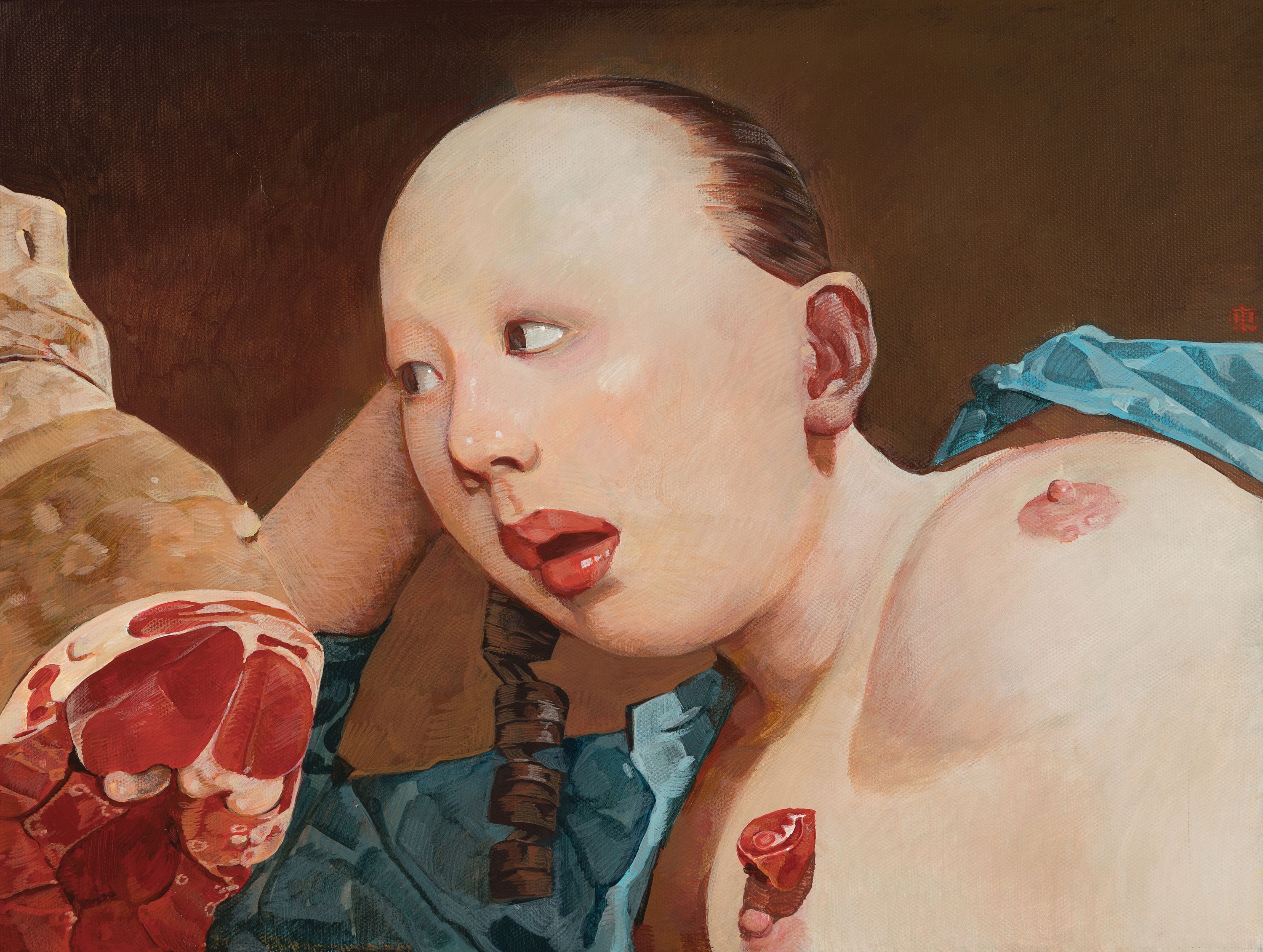 Wei Dong, geb. 1968 Innere Mongolei/China, "Girl with lamb", Acryl/Lwd, signiert, ca. 30 x 46 cm, Holzrahmen ca. 34 x 44 cm mit Gebr.spuren ...