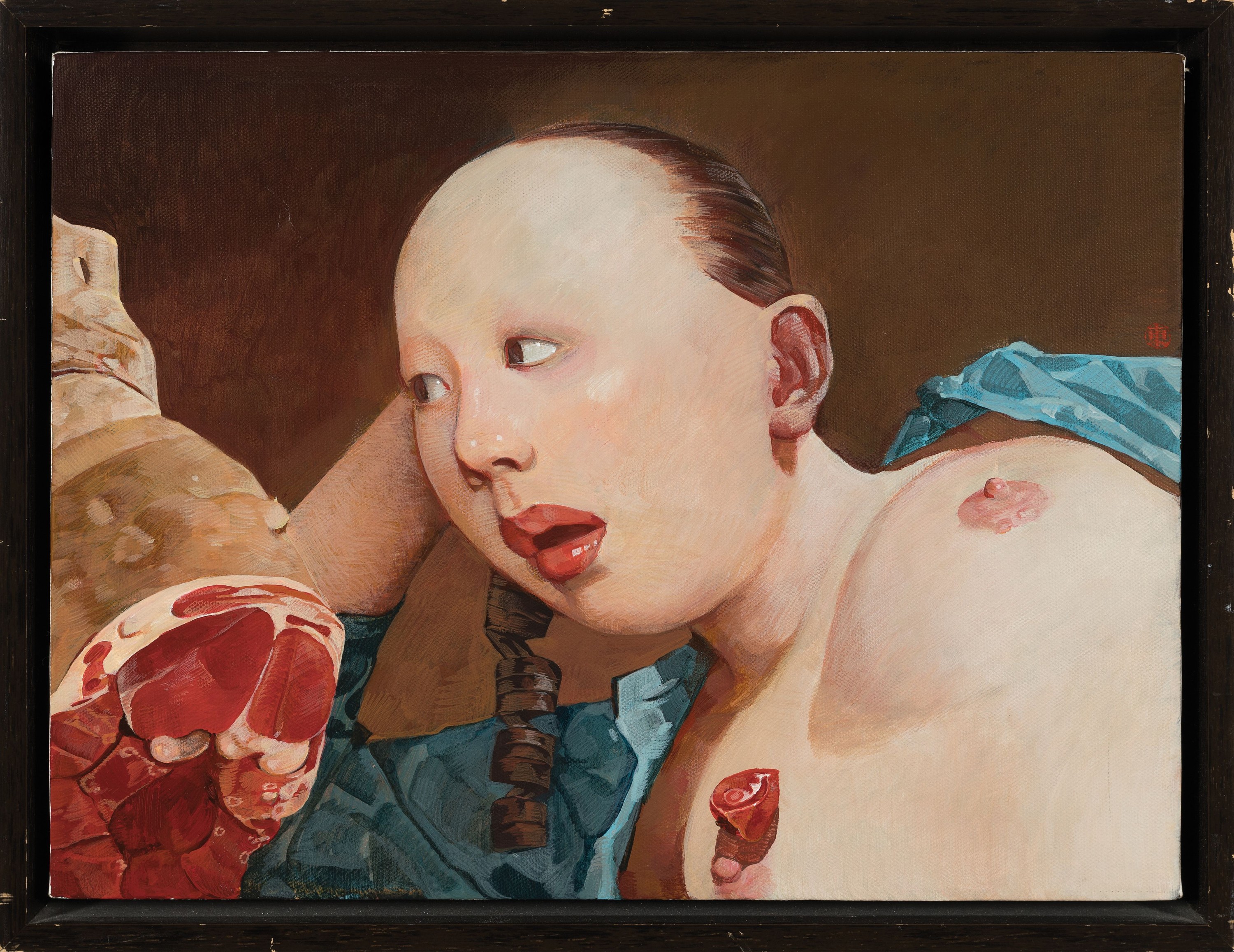 Detail k: Wei Dong, geb. 1968 Innere Mongolei/China, "Girl with lamb", Acryl/Lwd, signiert, ca. 30 x 46 cm, Holzrahmen ca. 34 x 44 cm mit Gebr.spuren ...