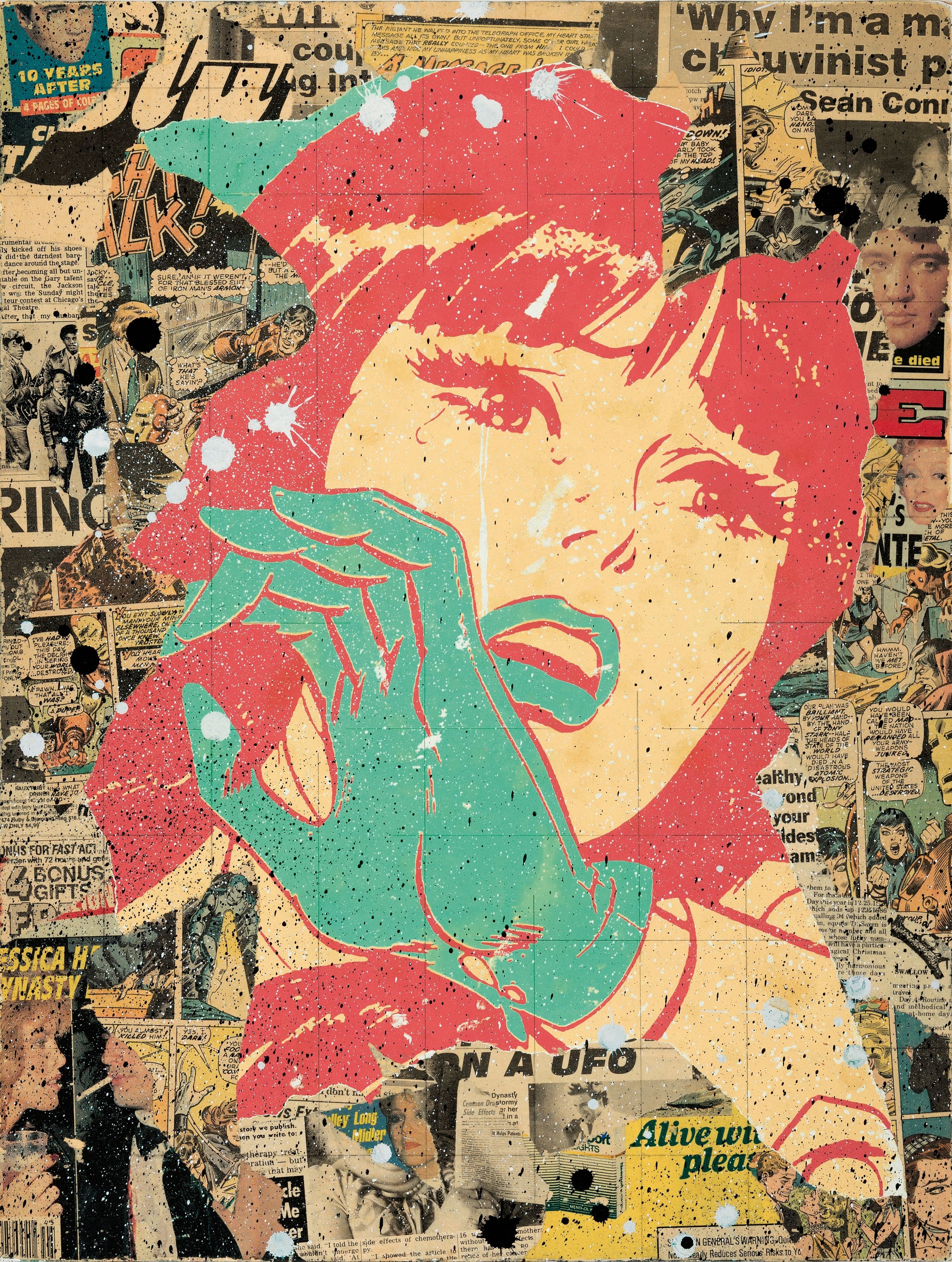 Greg Gossel, geb. 1982 USA, zeitgen. Künstler, Lucky Number 3, Mixed Media auf Holzplatte/ Mischtechnik, (Collage/Siebdruck/Farbe), verso signiert ...