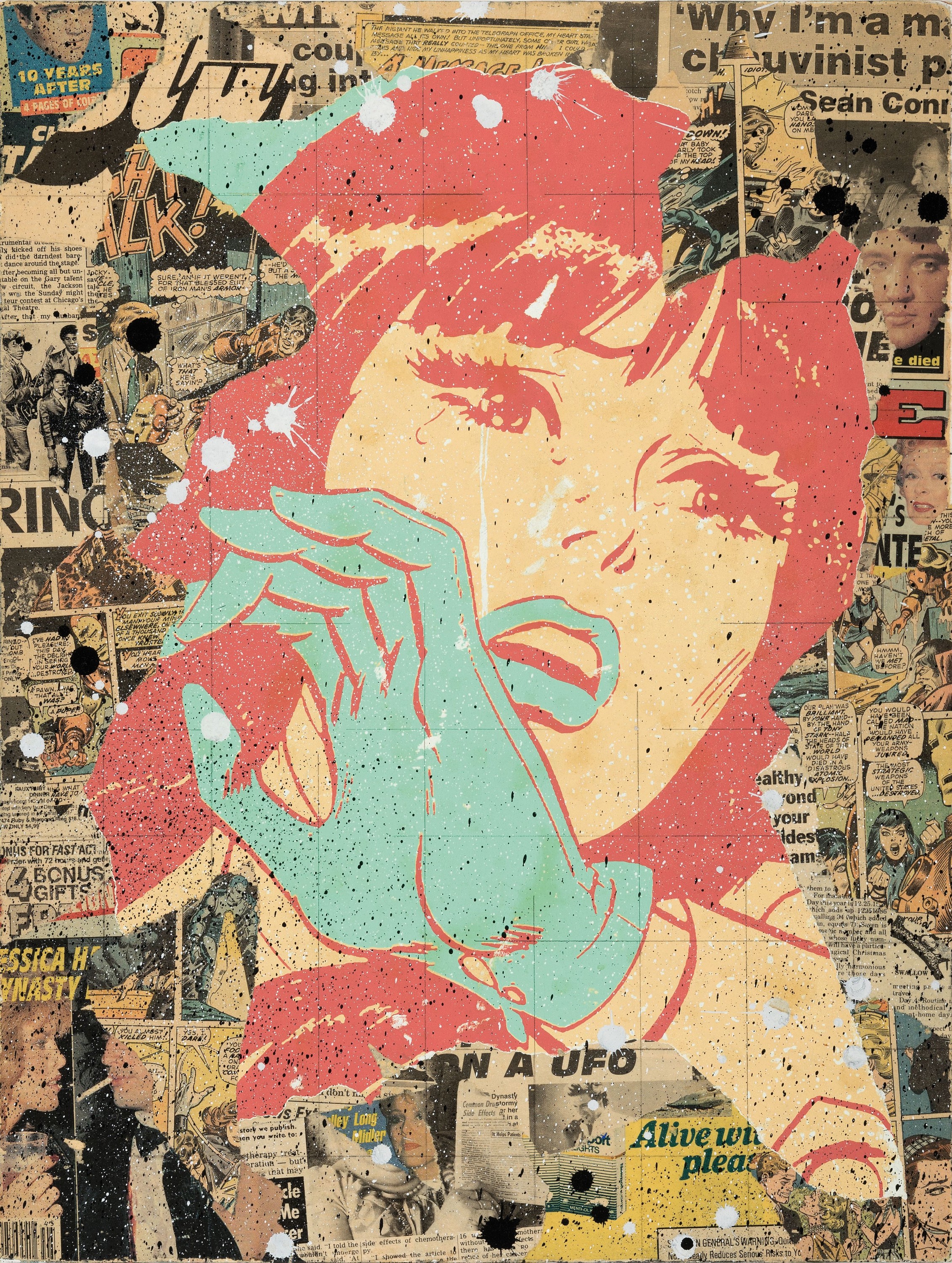 Detail k: Greg Gossel, geb. 1982 USA, zeitgen. Künstler, Lucky Number 3, Mixed Media auf Holzplatte/ Mischtechnik, (Collage/Siebdruck/Farbe), verso signiert ...