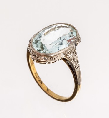 Image 14 kt gold aquamarine-ring, 1920s-30s , YG/WG 585/000, oval bevelled aquamarine approx. ...