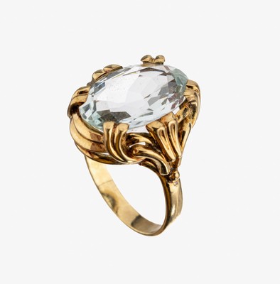 Image 14 kt gold aquamarine-ring , YG 585/000, 1960s, oval bevelled aquamarine approx. 4.0 ct, ...