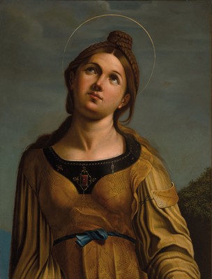 Image Unknown painter, around 1900, portrait of St. Cecilia, oil/wood, some smaller retouches, ...