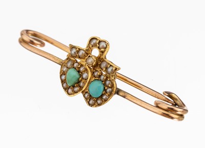 Image 14 kt gold pearl-turquoise-brooch, approx. 1900 , YG 585/000, applied ornament with ...