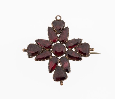 Image 14 kt gold almandine-brooch, approx. 1820 , RG 585/000 tested, cross shaped, 13 bevelled ...