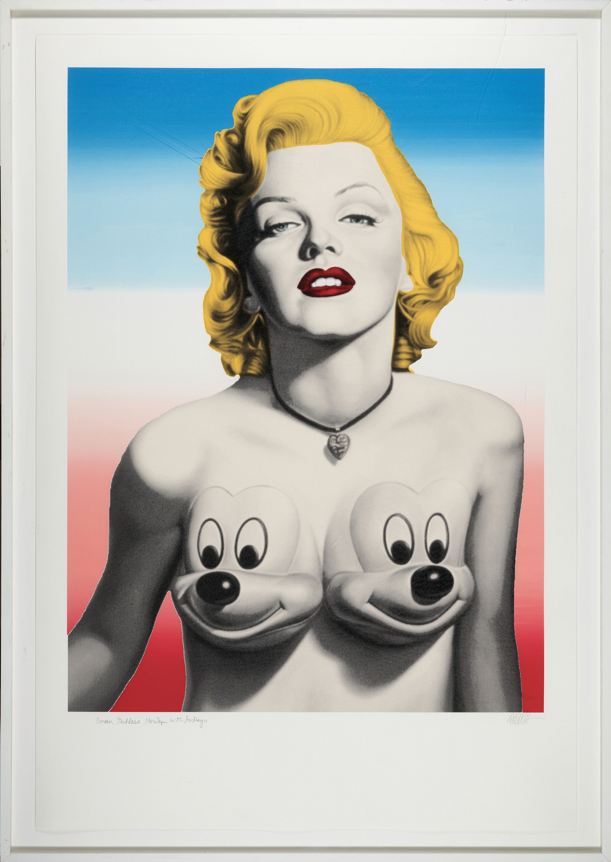 Detail k: Ron English, geb. 1959, "Goddess Marilyn mit Mickys, Unikatcharakter da Details mit Bleistift und Farbe betont, Siebdruck auf Papier, signiert ...