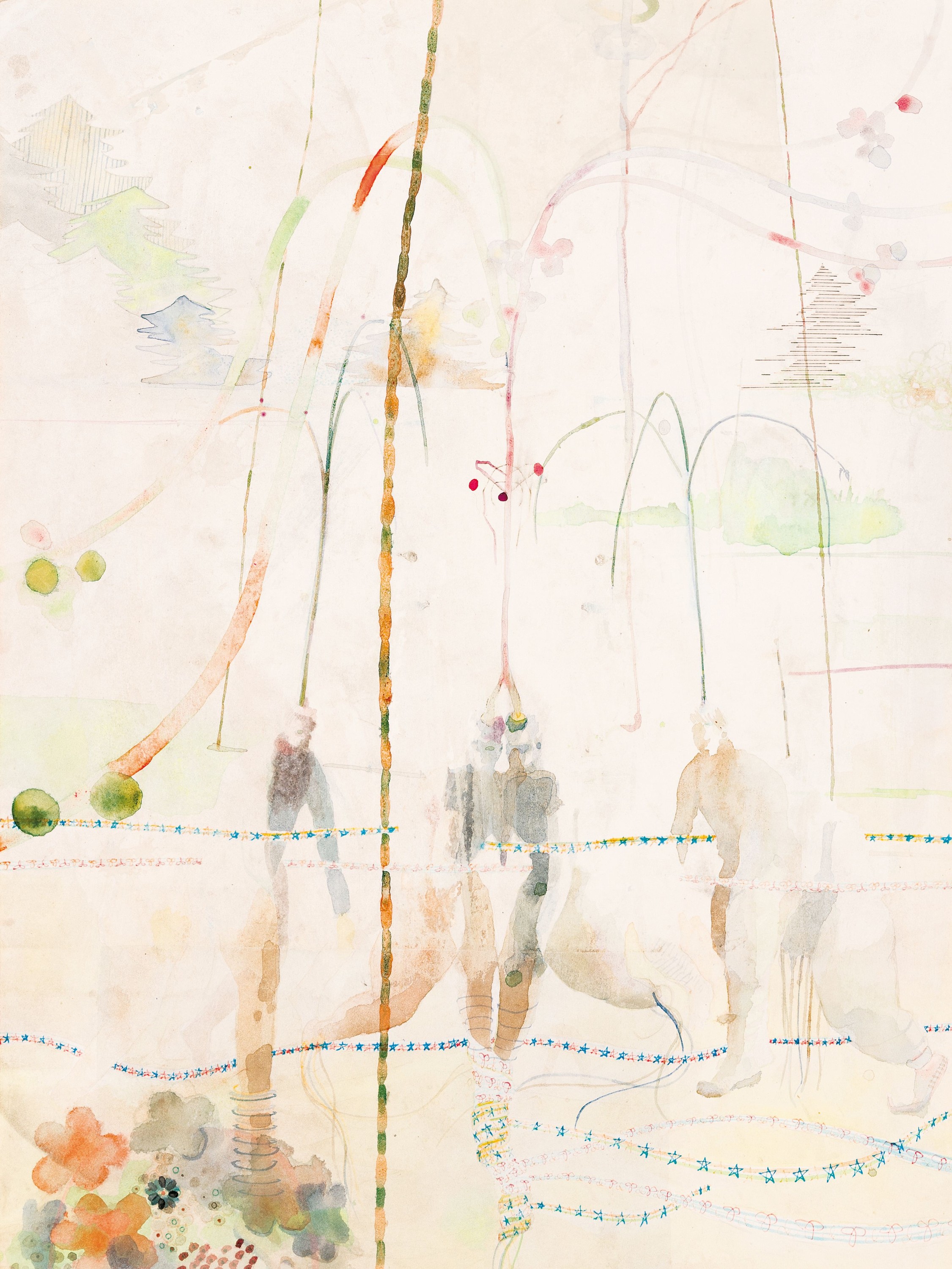 Franklin Evans, geb. 1967, zeitgenössischer Künstler aus New York City, Aquarell/ Papier, abstrakte Landschaft mit Personen, 80 x 60 cm, unter ...