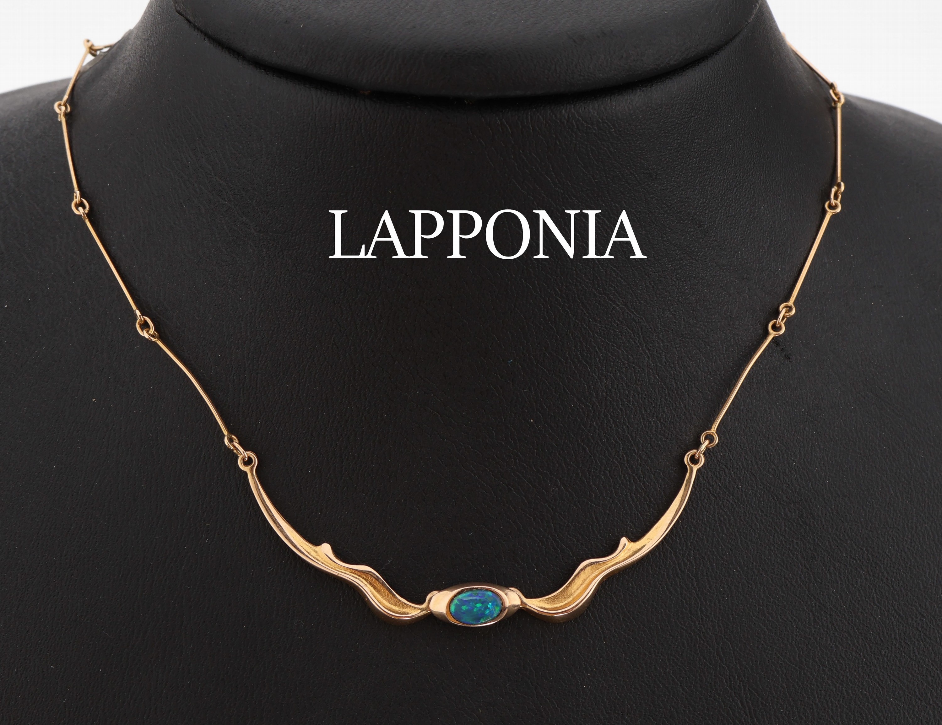 14 kt Gold LAPPONIA Opal-Collier, GG 585/000, 1981, Mittelteil mit ovalem Schwarzopal, L. ca. 43.5 cm, Steckverschluss, sign.