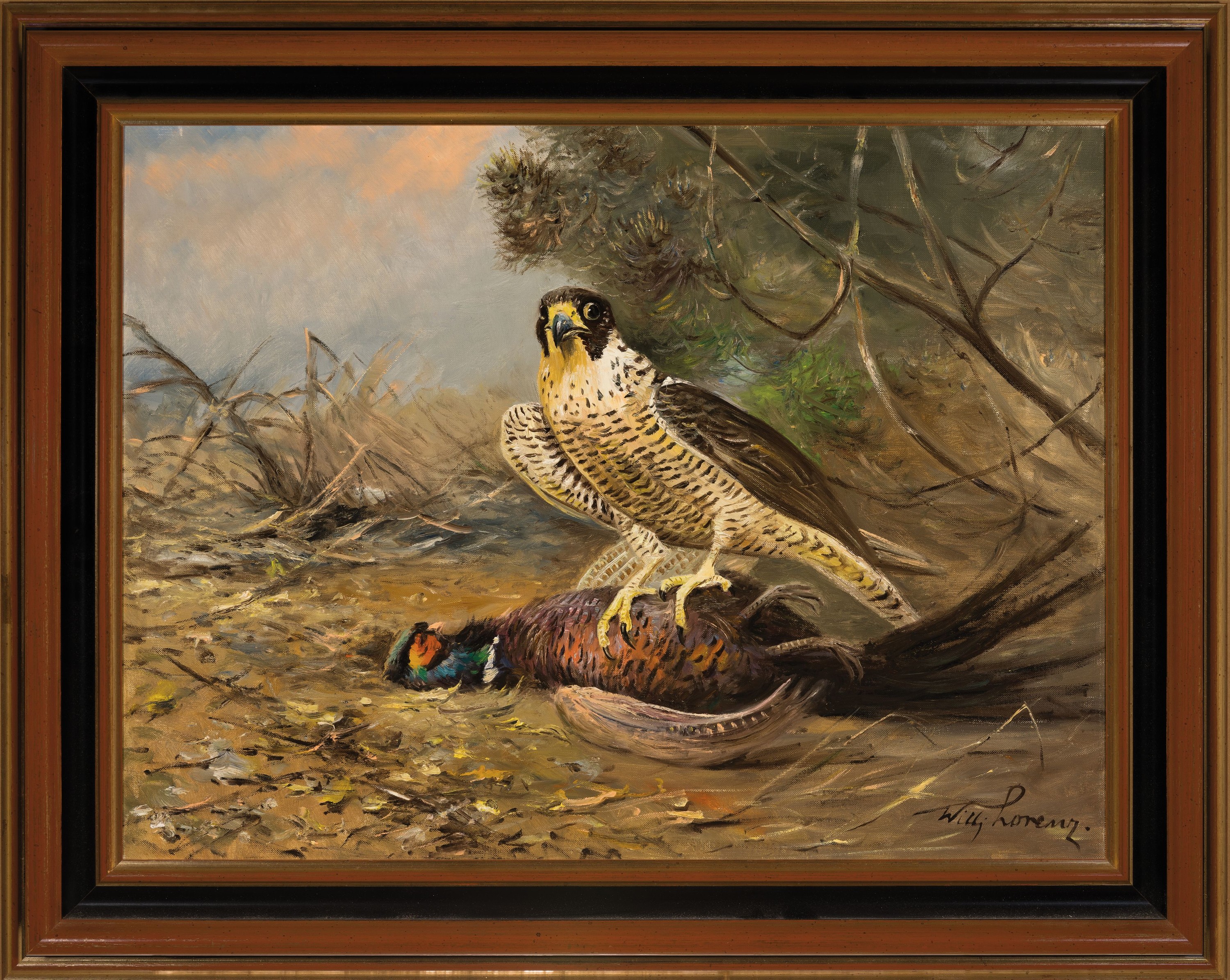 Detail k: Willy Lorenz, 1901 Köln-1981, deutscher Tier- und Jagdmaler, Falke mit erlegtem Fasan, rechts unten signiert, Öl/Lwd, 60x80 cm, Rahmen 80x100 cm
