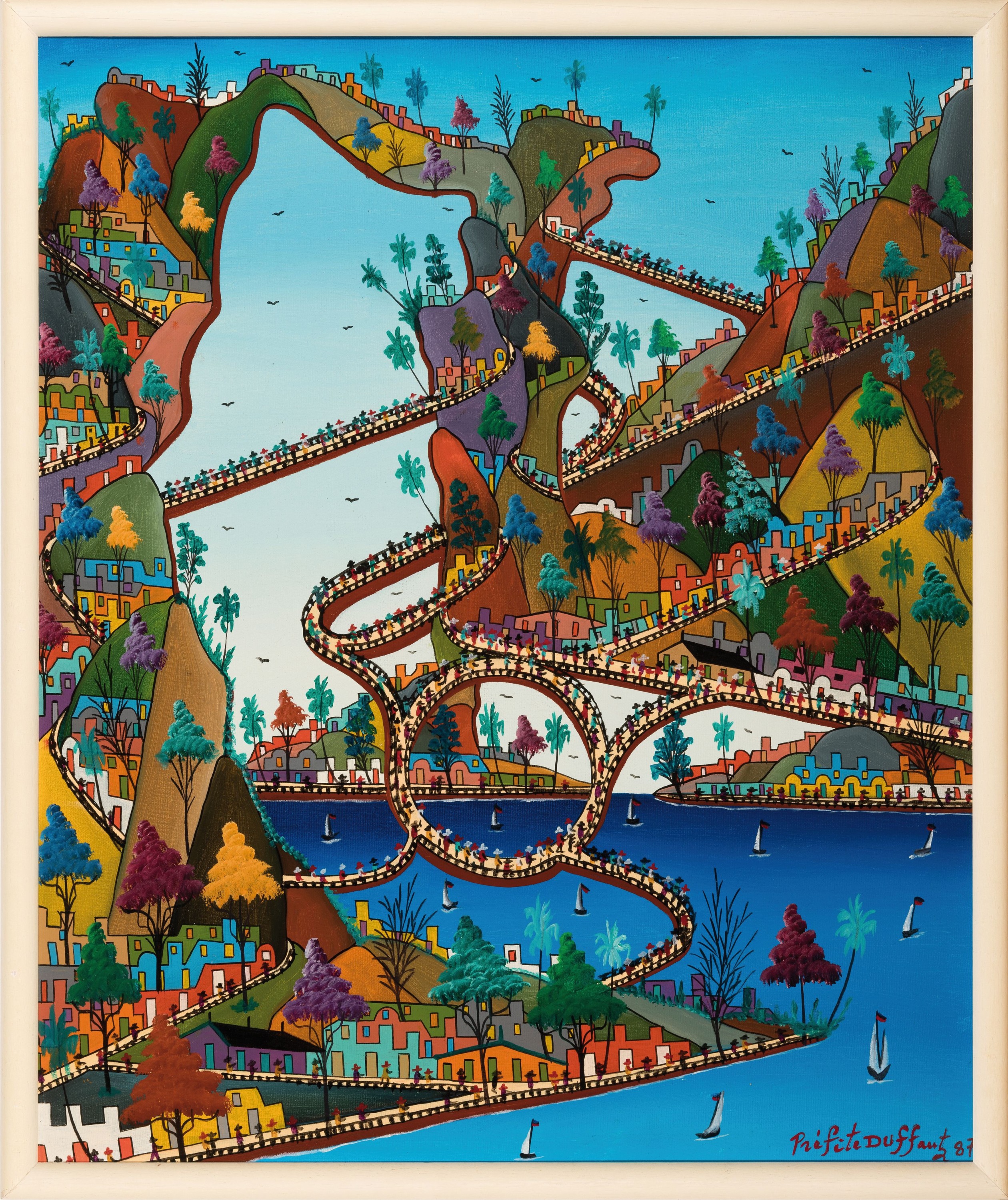 Prefete Duffaut, 1923-2012 Port-au-Prince, imaginäre Stadtlandschaft, 1987, signiert und datiert, Öl/Lwd, Rahmen 65x54 cm