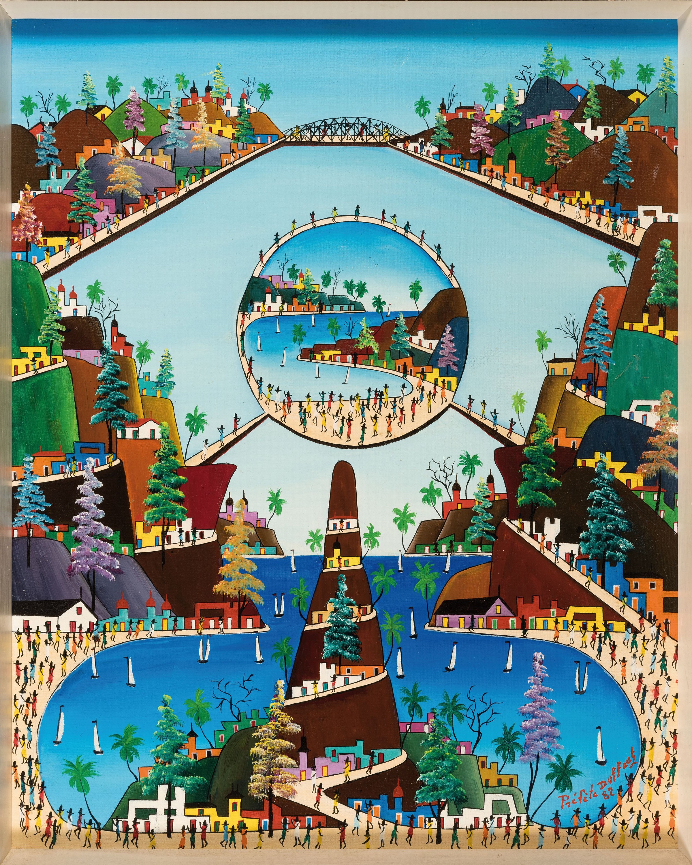 Prefete Duffaut, 1923-2012 Port-au-Prince, imaginäre Stadtlandschaft, 1982, signiert und datiert, Öl/Lwd, Rahmen 52x43 cm