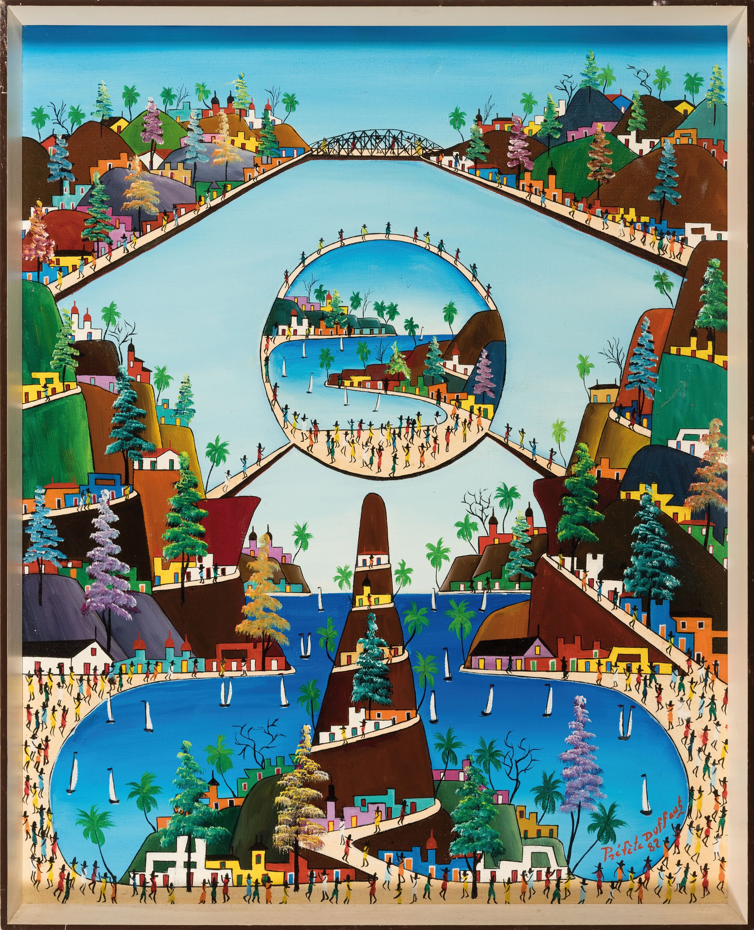 Detail k: Prefete Duffaut, 1923-2012 Port-au-Prince, imaginäre Stadtlandschaft, 1982, signiert und datiert, Öl/Lwd, Rahmen 52x43 cm