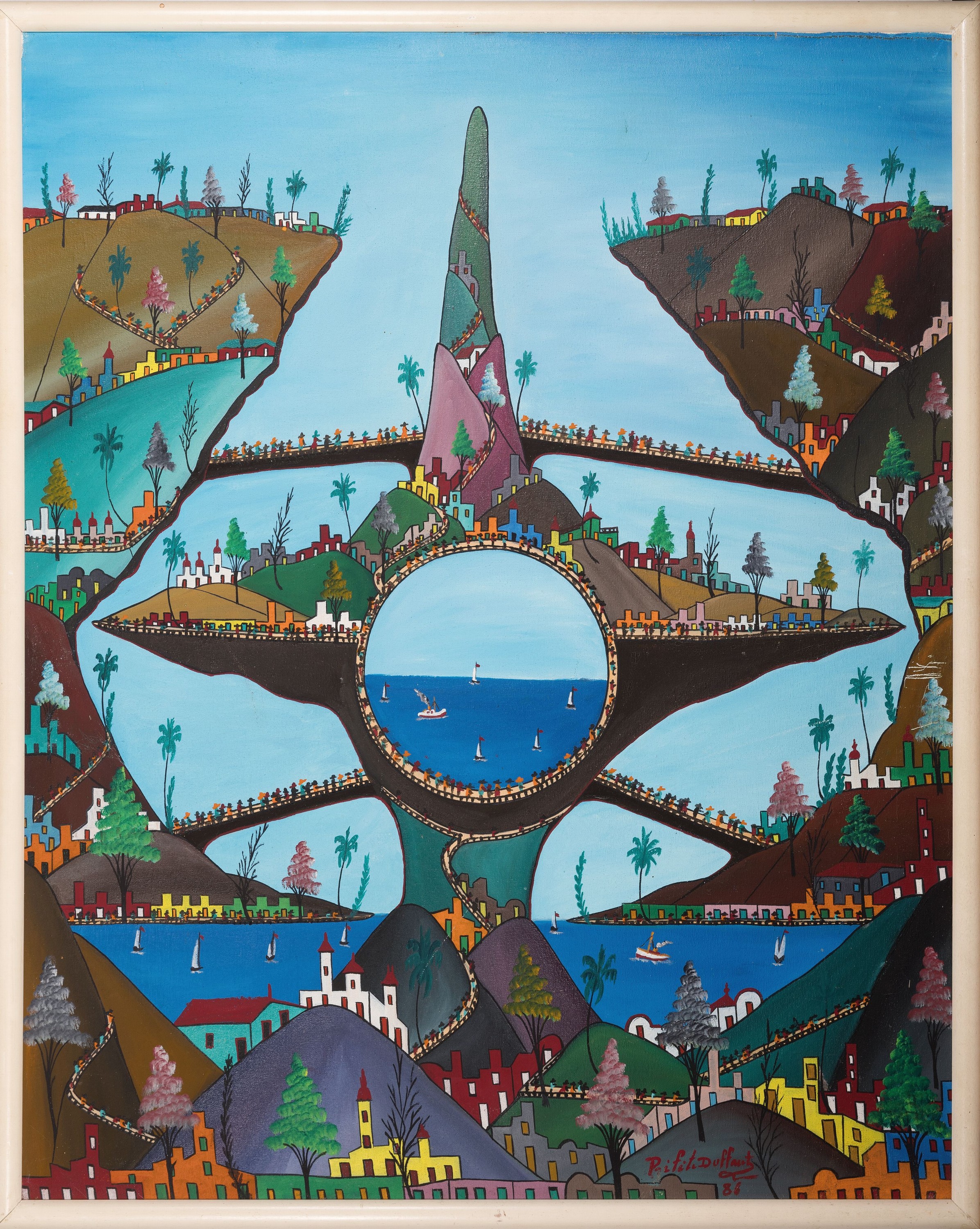 Prefete Duffaut, 1923-2012 Port-au-Prince, grosse imaginäre Stadtlandschaft, 1986, signiert und datiert, Öl/Lwd, Rahmen 80x64 cm