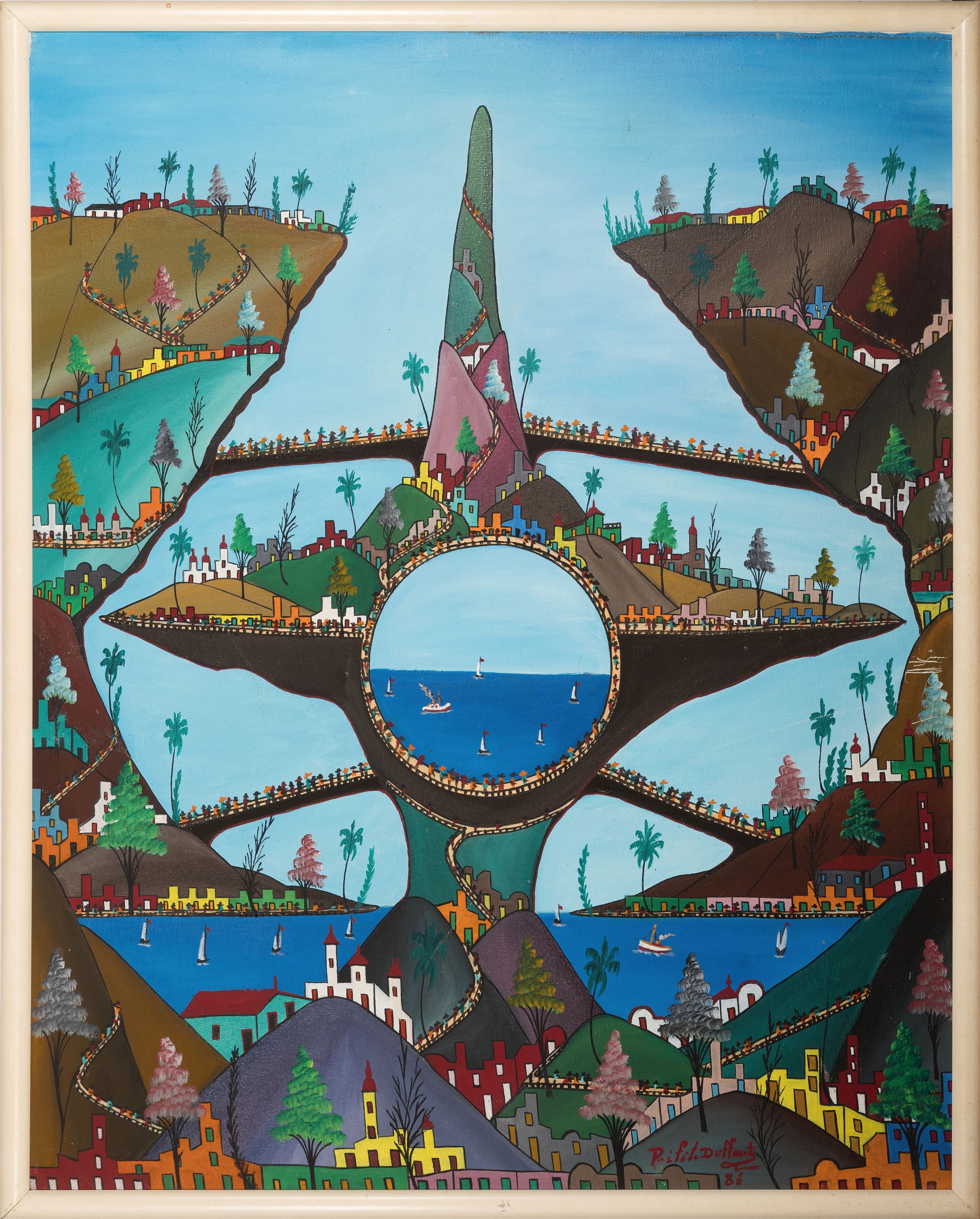 Detail k: Prefete Duffaut, 1923-2012 Port-au-Prince, grosse imaginäre Stadtlandschaft, 1986, signiert und datiert, Öl/Lwd, Rahmen 80x64 cm