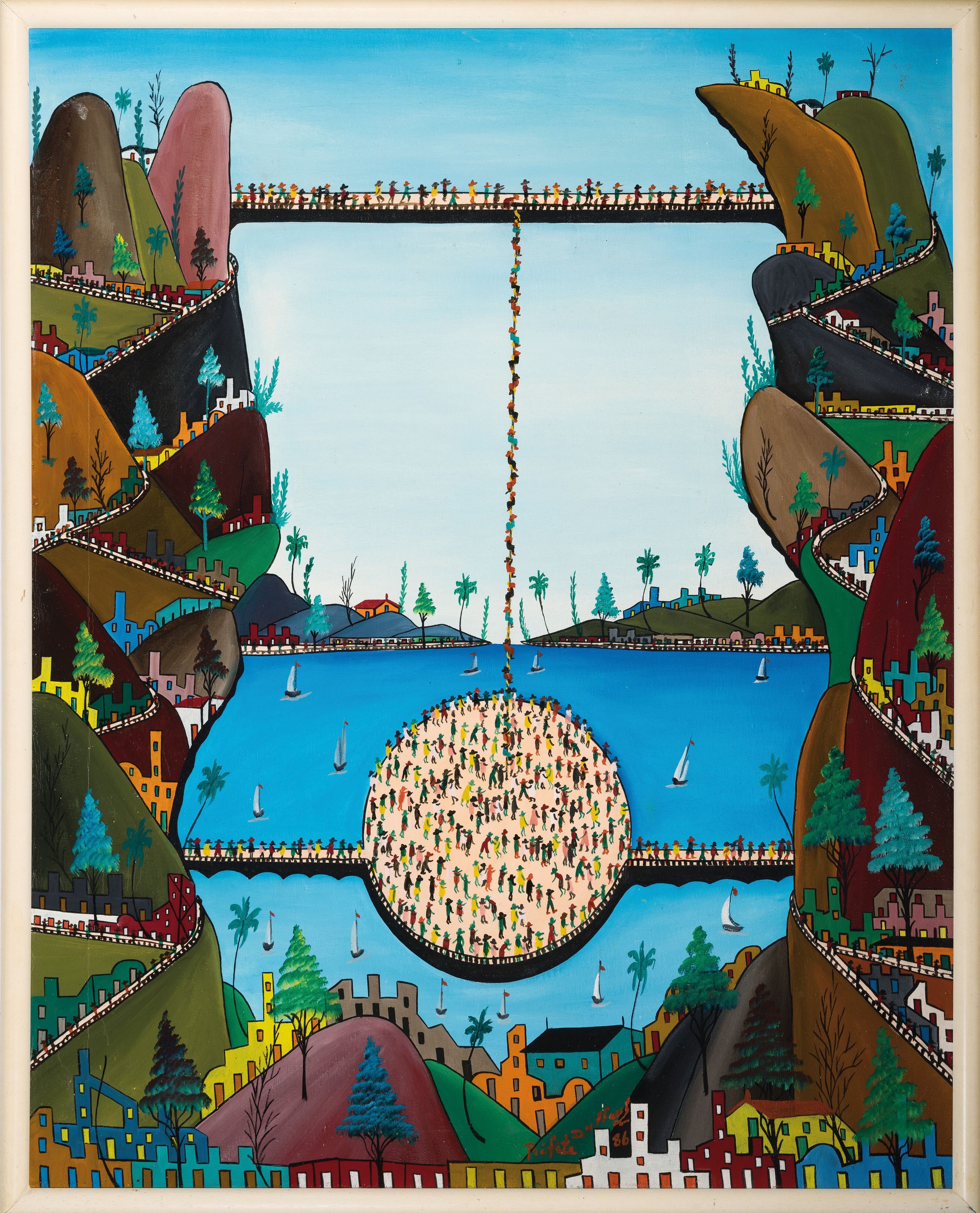 Prefete Duffaut, 1923-2012 Port-au-Prince, "Phantasie Stadt" so verso betitelt, imaginäreStadtlandschaft, 1986, signiert und datiert, ...