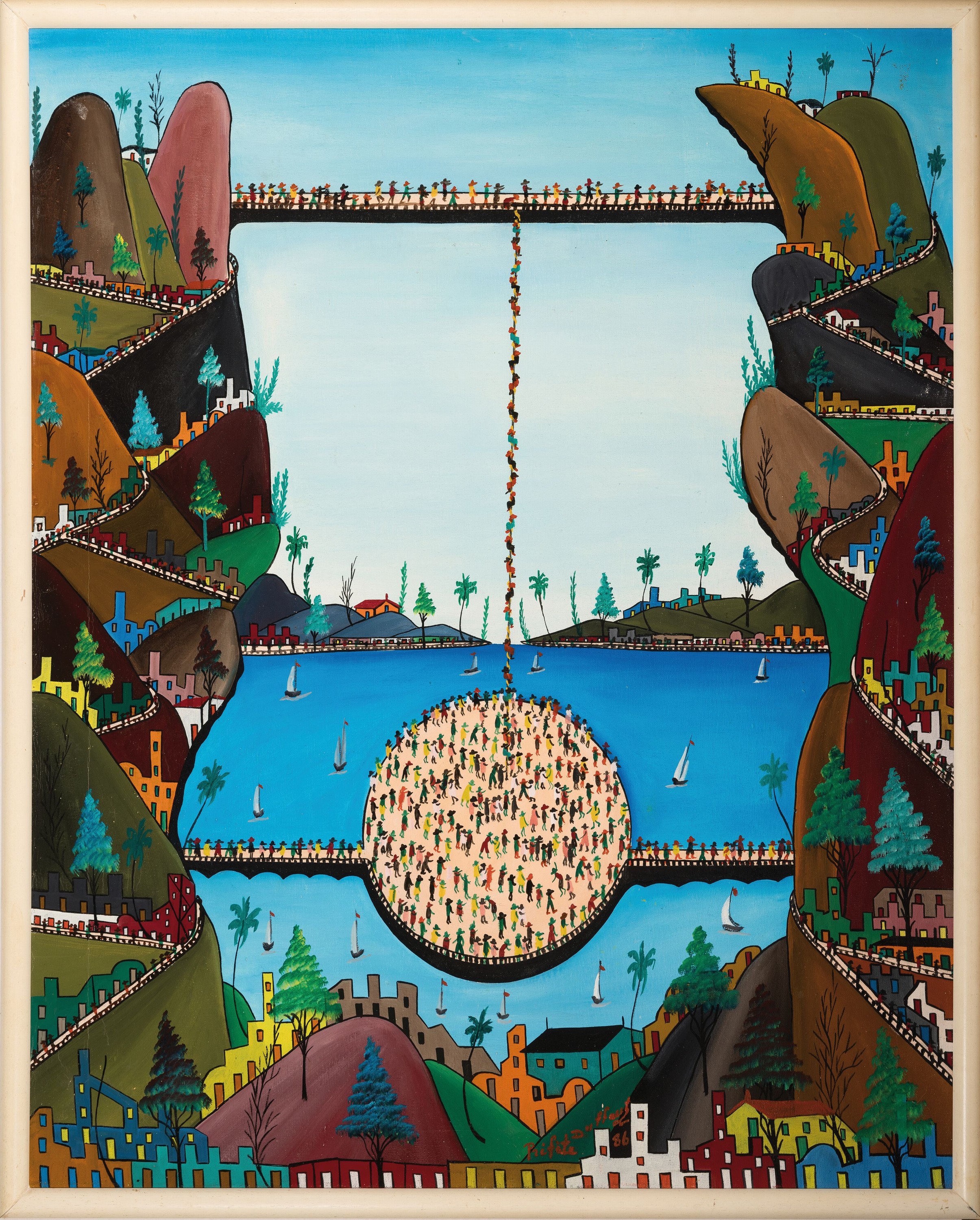 Detail k: Prefete Duffaut, 1923-2012 Port-au-Prince, "Phantasie Stadt" so verso betitelt, imaginäreStadtlandschaft, 1986, signiert und datiert, ...