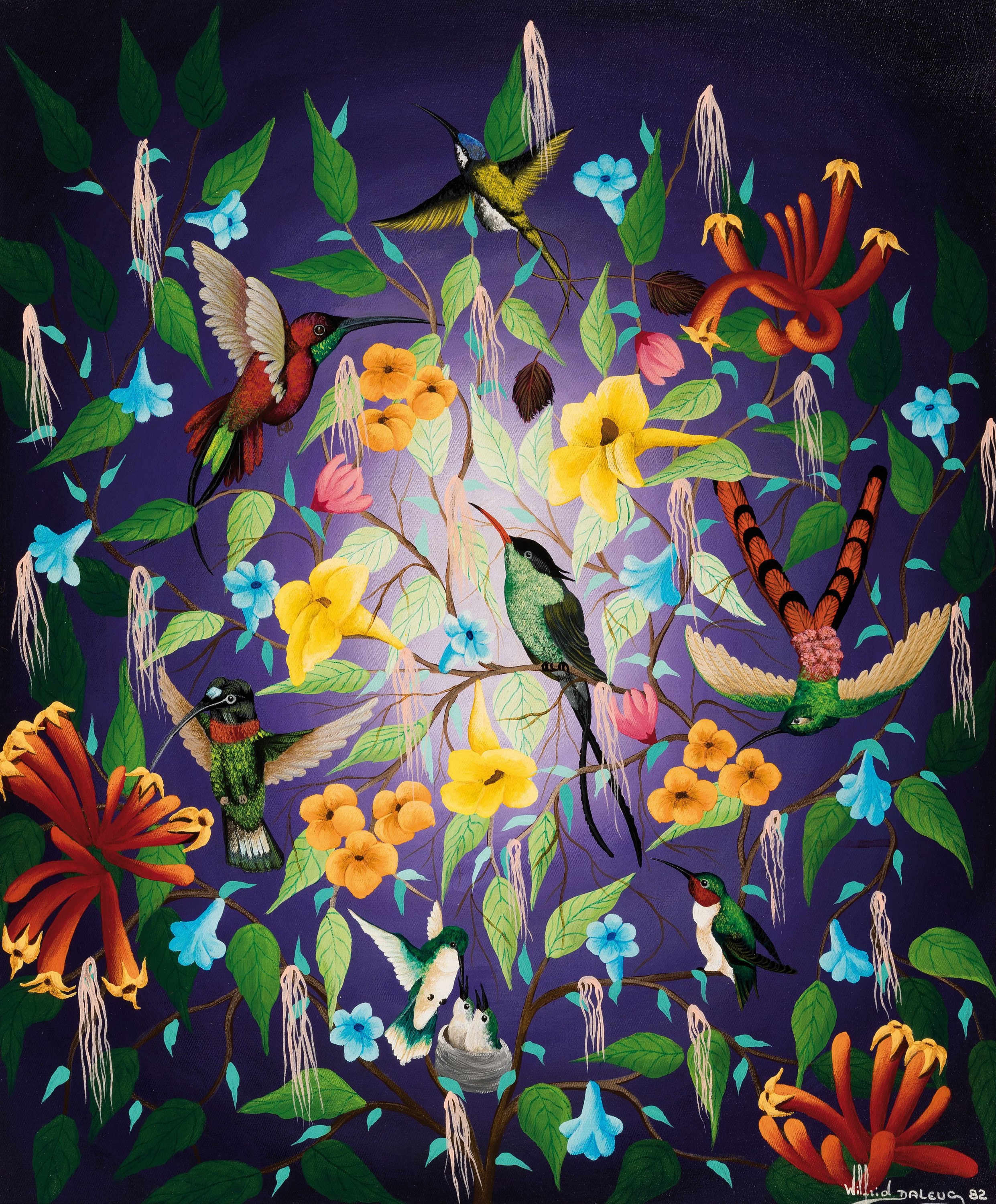 Wilfrid Daleus, 1949-2017 Haiti, Stillleben mit exotischen Vögeln und Blumen, 1982, signiert und datiert, Öl/Lwd, 62x51 cm, Rahmen77x65 cm