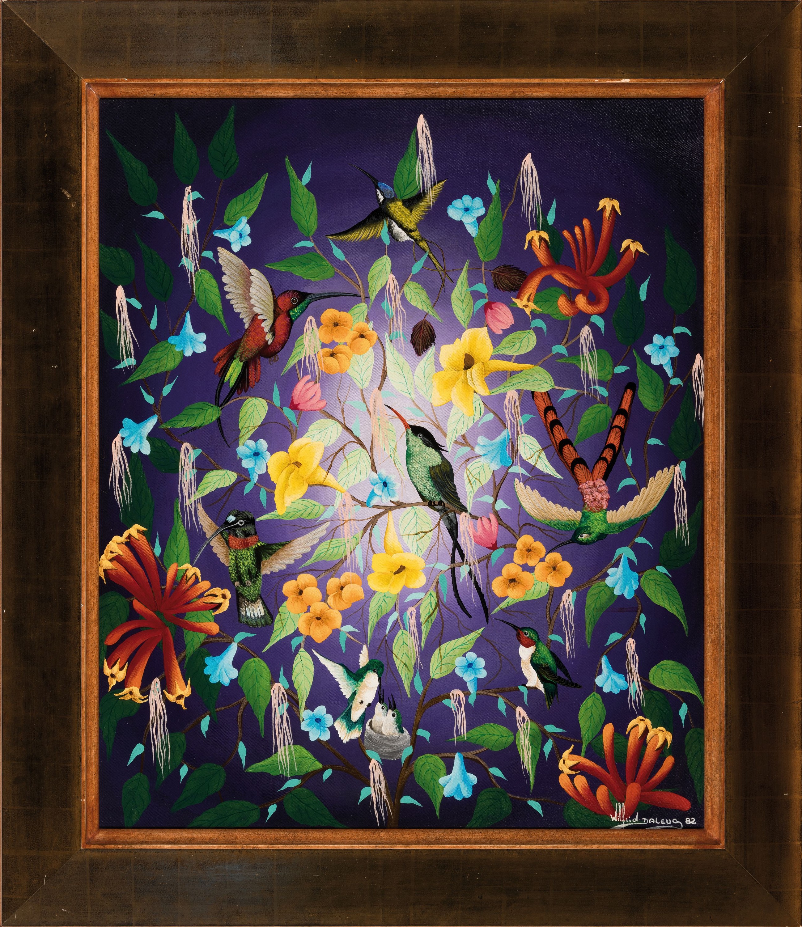 Detail k: Wilfrid Daleus, 1949-2017 Haiti, Stillleben mit exotischen Vögeln und Blumen, 1982, signiert und datiert, Öl/Lwd, 62x51 cm, Rahmen77x65 cm