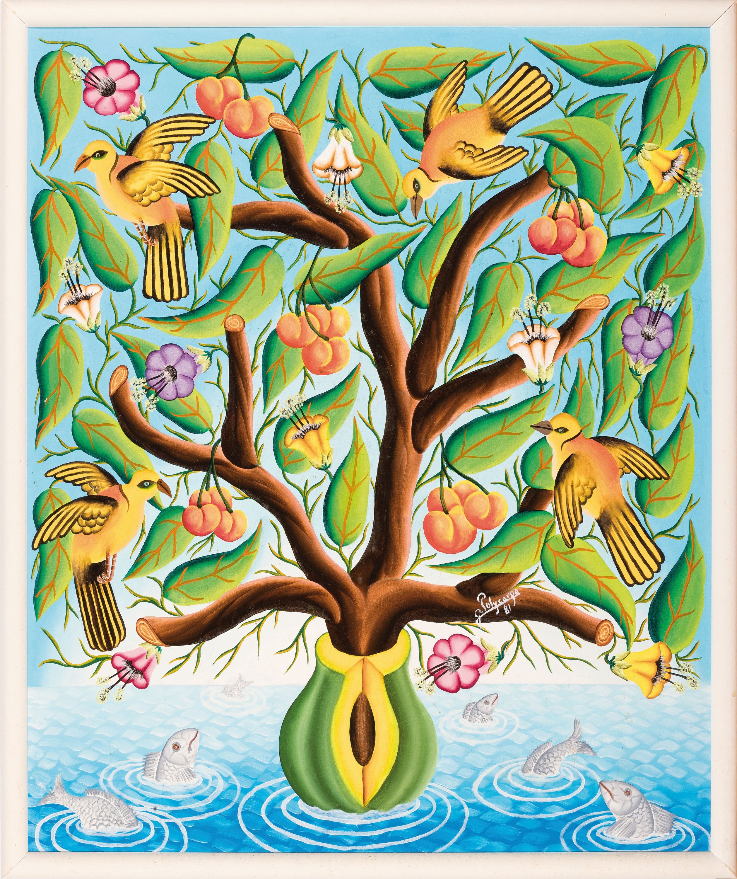 Jerome Polycarpe, geb. 1950 Haiti, Lebensbaum mit Vögeln, 1981, signiert und datiert, Öl/Lwd, Rahmen 65x54 cm