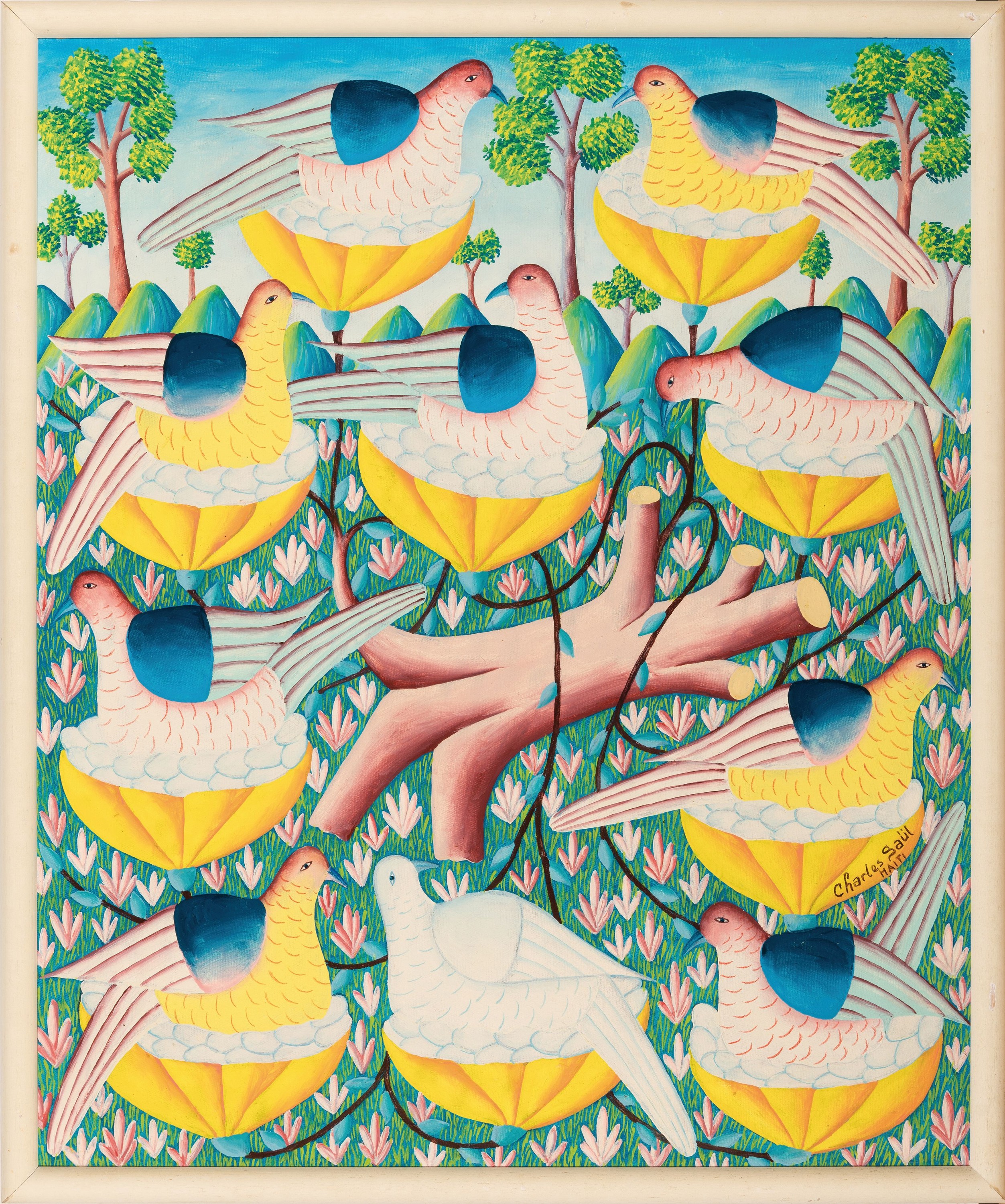 Detail k: Charles Saül, geb. 1943 Haiti, Baum mit Vogelnestern, signiert, Öl/Lwd, Rahmen 65x54 cm