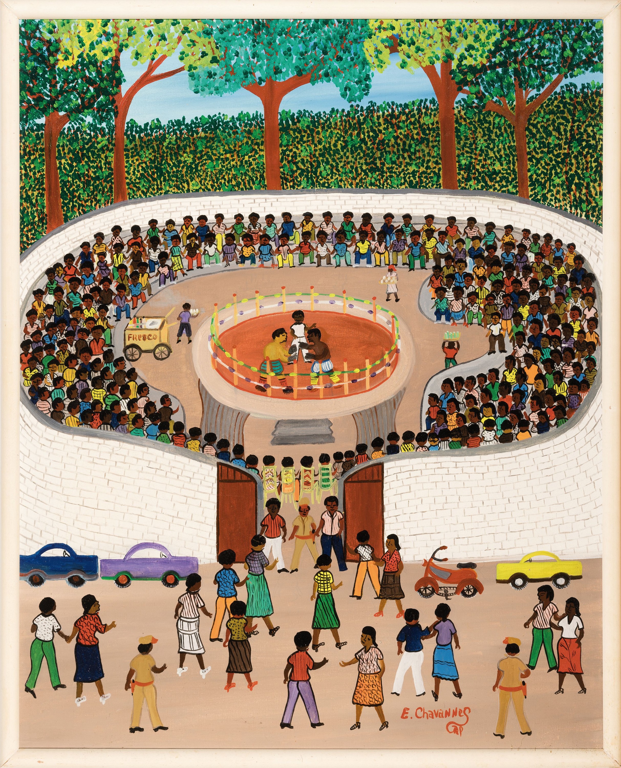 Etienne Chavannes, 1939-2018 Haiti, "Boxkampf" so betitelt, Kampfarena mit reicherFigurenstaffage, signiert, Öl/Lwd, Rahmen 80x64 cm