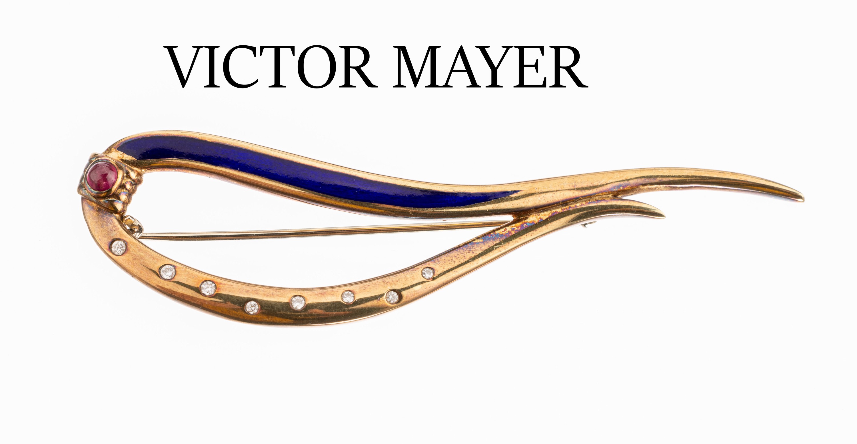 14 kt Gold VICTOR MAYER Brillant Email Brosche, GG 585/000, abstr. Form, blau emaill., gegenl. mit 8 Brillanten zus. ca. 0.08 ct Weiß/vs, ...