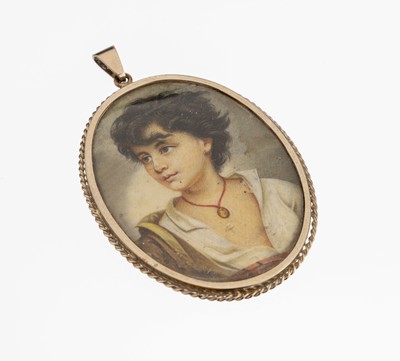 Image Pendant with miniature painting , silver, oval miniature painting, presentation of a ...