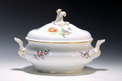 Image Lidded tureen, shape Ozier, 20th century, porcelain, floral painting, flower 3, gold rim, ...