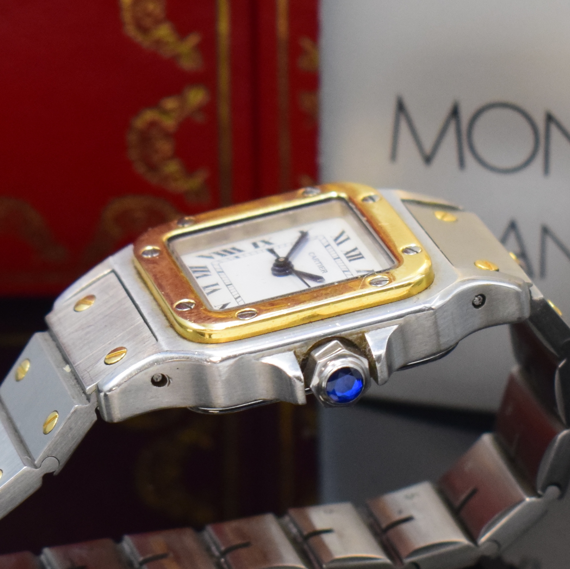 Detail c: CARTIER Santos Damenarmbanduhr in Stahl/Gold, Schweiz um 1990, Automatik, orig. Gliederband m. Faltschl., Boden 8-fach verschr., Schmuckkrone, ...