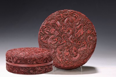 Image Lidded box made of red lacquer, China, 20th century, Qianlong mark, black inside, side ...