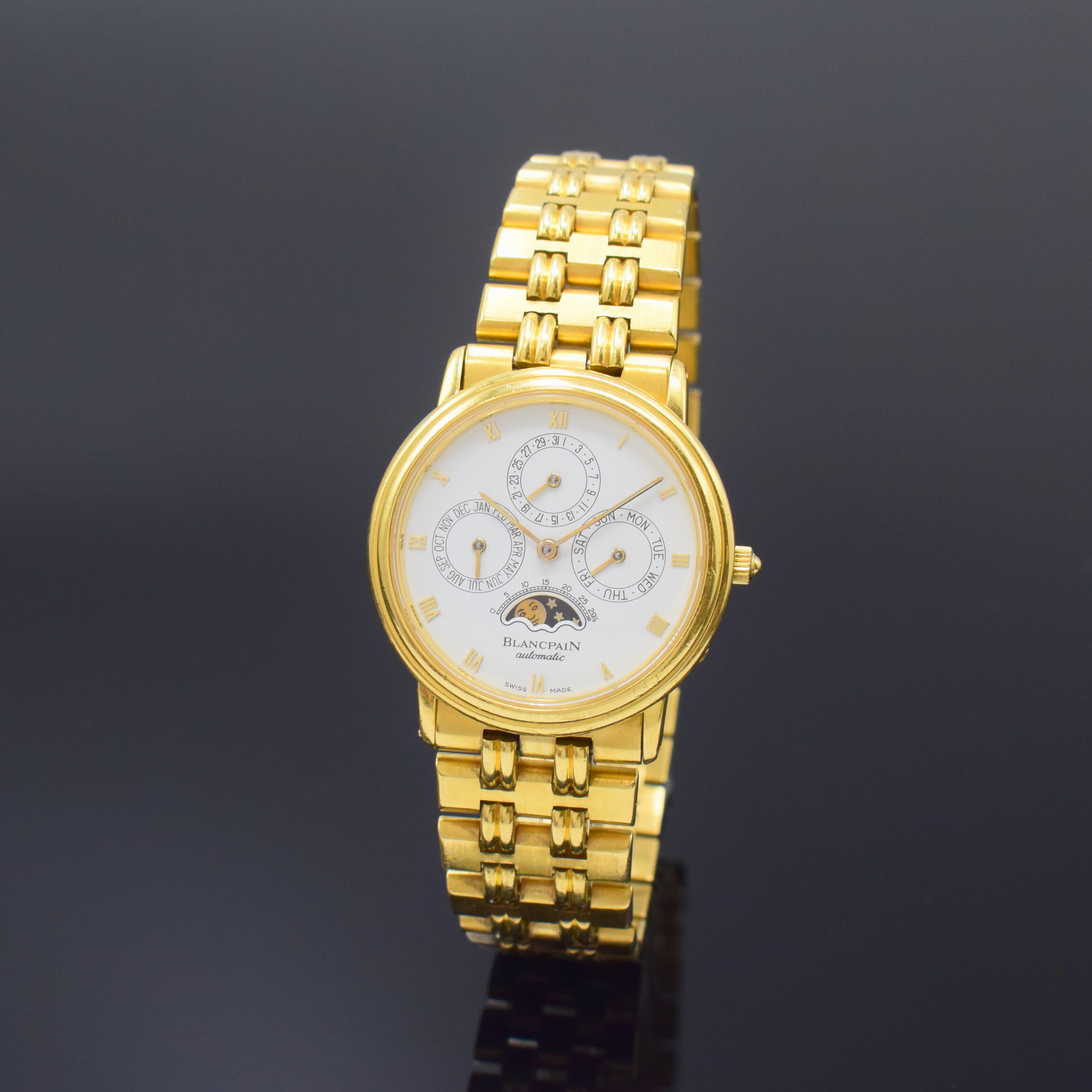BLANCPAIN Villeret Armbanduhr mit "Ewigem Kalender" Referenz 5395 in GG 750/000 am original Goldband, Schweiz um 1990, Automatik, 3-tlg. ...