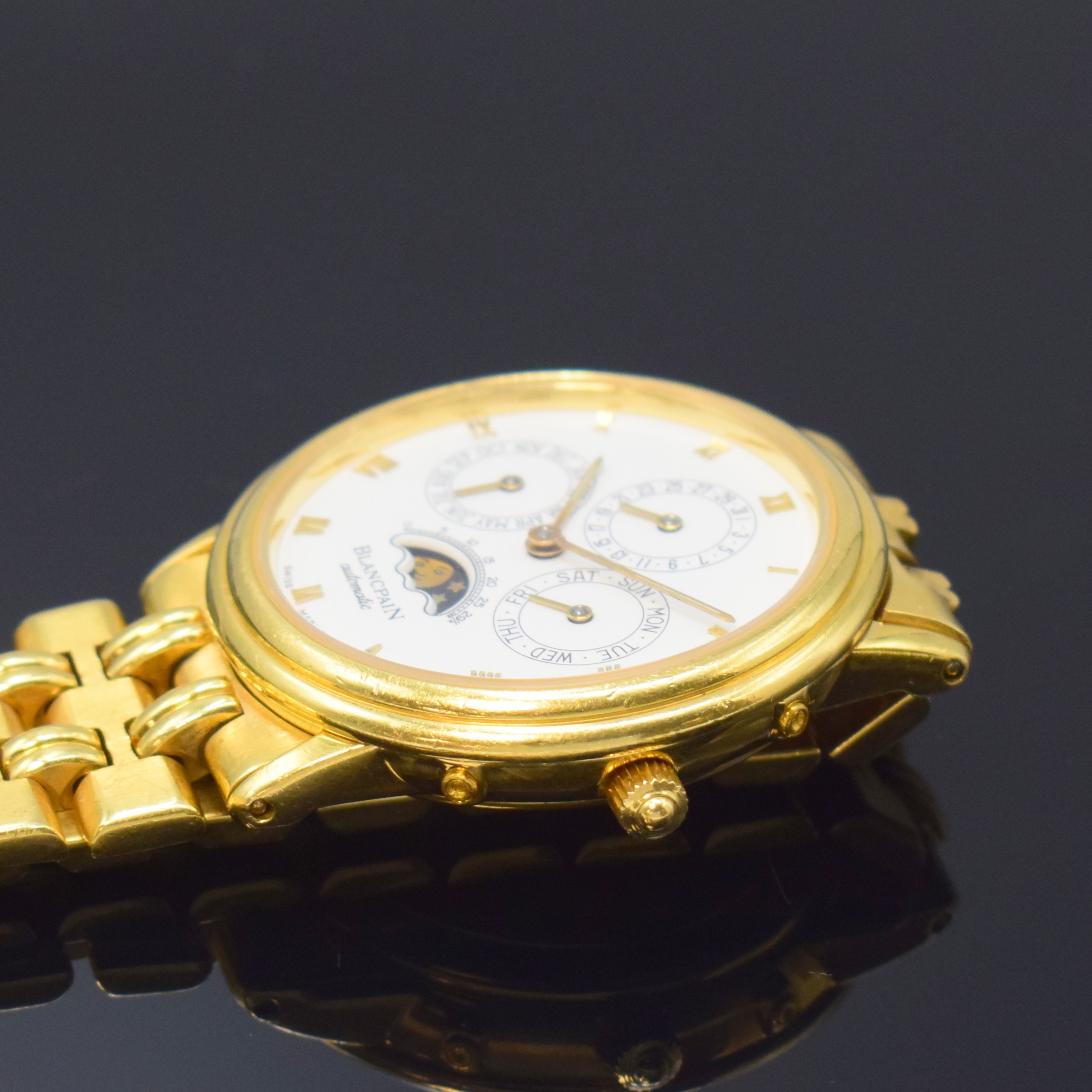 Detail c: BLANCPAIN Villeret Armbanduhr mit "Ewigem Kalender" Referenz 5395 in GG 750/000 am original Goldband, Schweiz um 1990, Automatik, 3-tlg. ...