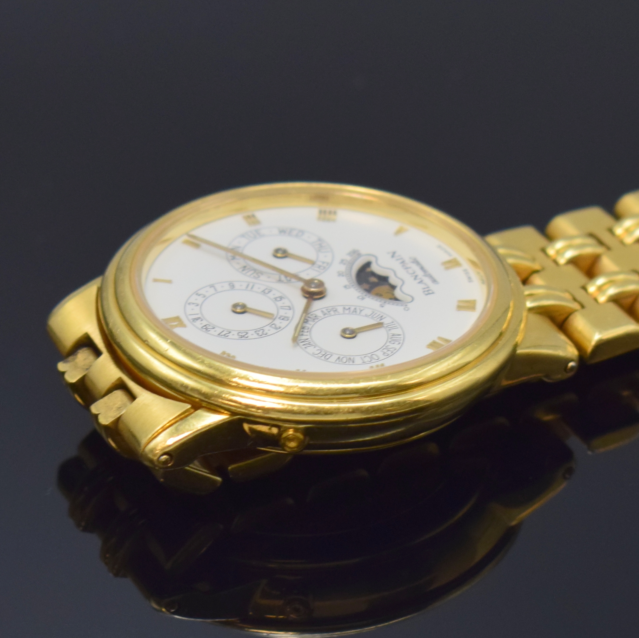 Detail d: BLANCPAIN Villeret Armbanduhr mit "Ewigem Kalender" Referenz 5395 in GG 750/000 am original Goldband, Schweiz um 1990, Automatik, 3-tlg. ...