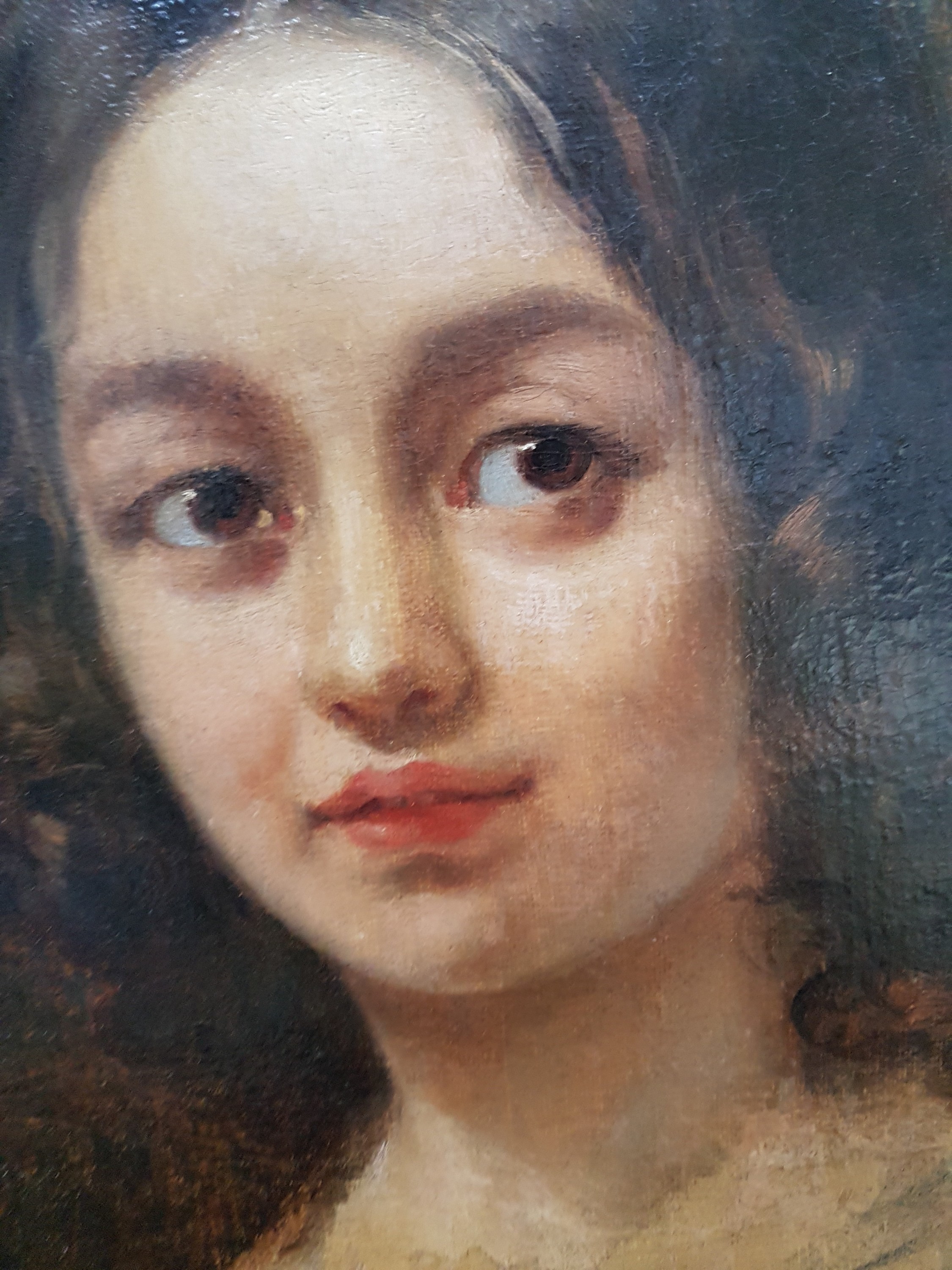 Detail c: Anselm Feuerbach, 1829 Speyer-1880 Venedig, Mädchenbildnis, entstanden in den frühen 1850er-Jahren wohl in Karlsruhe, Halspartie bzw. unteres ...