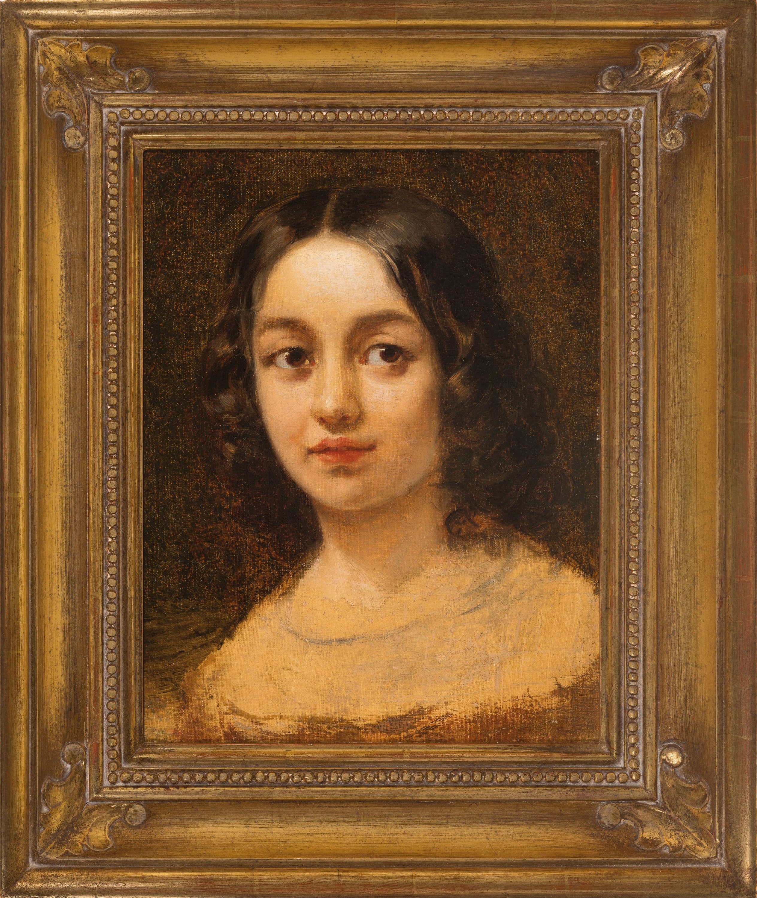 Detail k: Anselm Feuerbach, 1829 Speyer-1880 Venedig, Mädchenbildnis, entstanden in den frühen 1850er-Jahren wohl in Karlsruhe, Halspartie bzw. unteres ...
