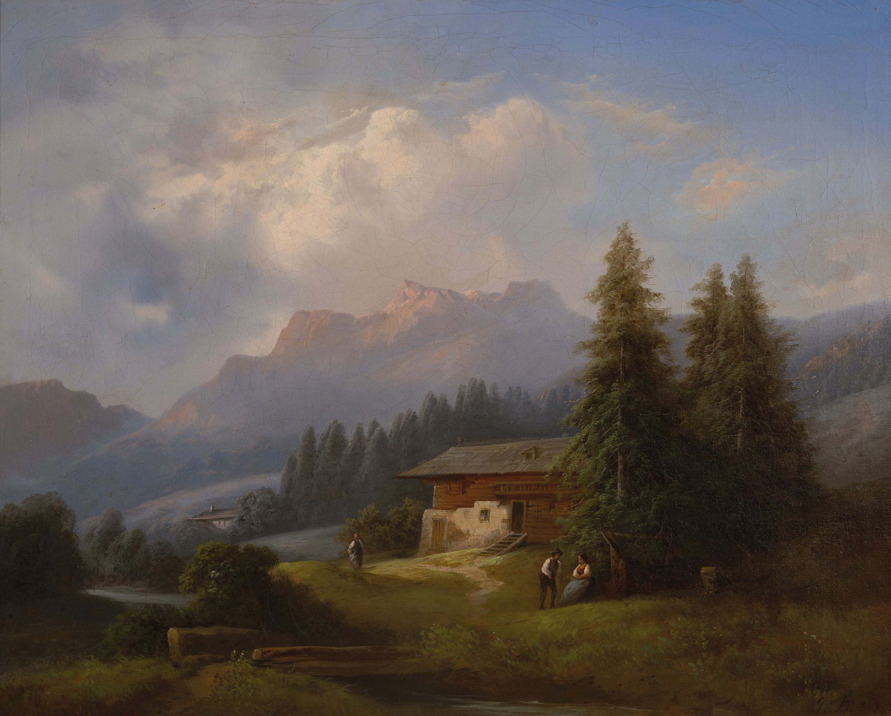 Monogrammist GB um 1869, Gebirgslandschaft mit Alm und Personen, Öl/Lwd, monogrammiert und datiert, Altersspuren, krakeliert, ca.55 x 68 cm, Rahmen ...