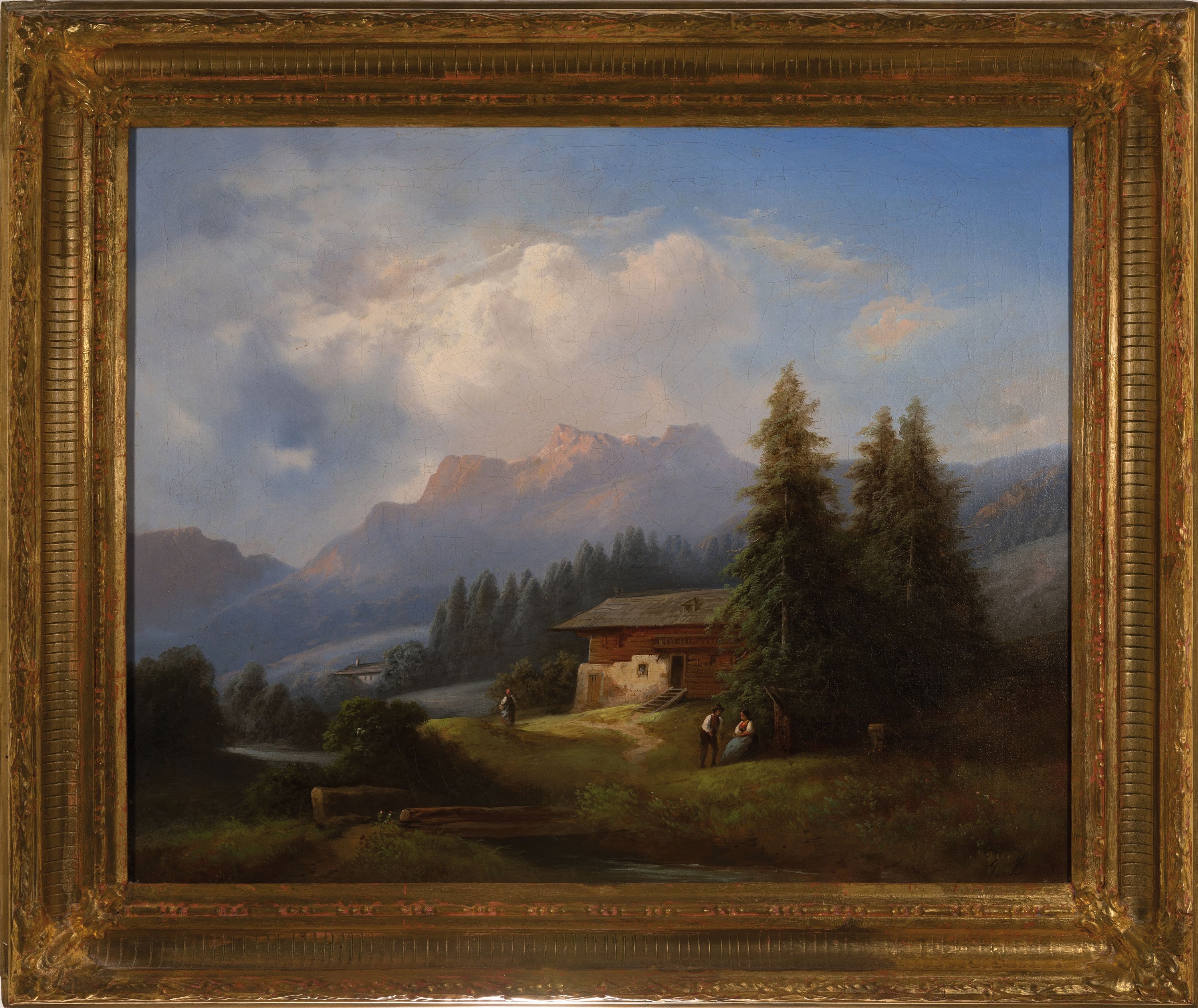 Detail k: Monogrammist GB um 1869, Gebirgslandschaft mit Alm und Personen, Öl/Lwd, monogrammiert und datiert, Altersspuren, krakeliert, ca.55 x 68 cm, Rahmen ...