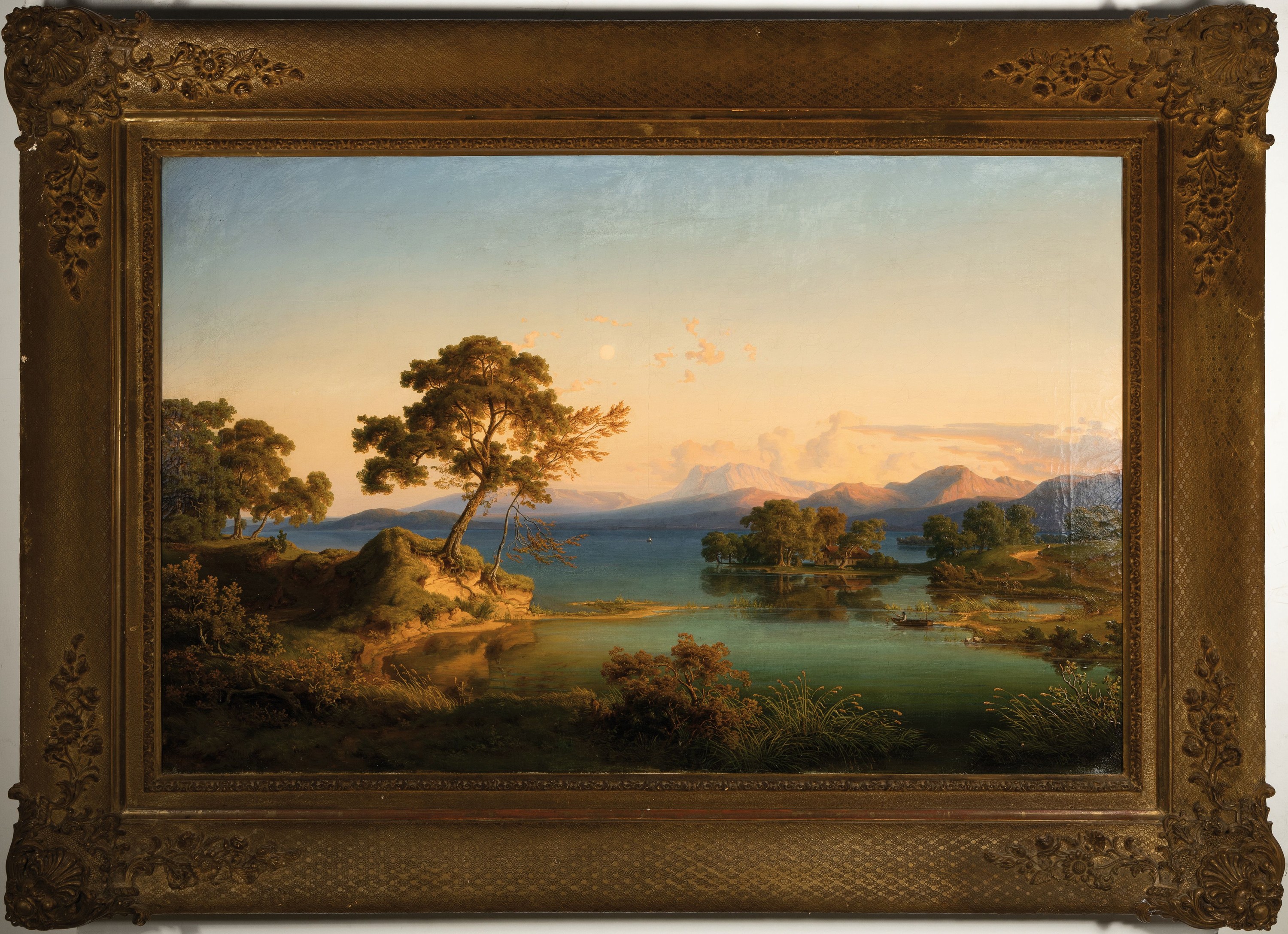 Detail k: Friedrich Metz, 1820-1901 Frankfurt a.M., italienische Seenlandschaft mit Fischer und Fischerhütte, feine lasierende Malerei, restauriert, re. unten ...